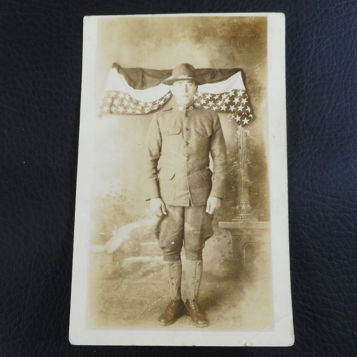 RPPC Postcard WWI US Solder With Flag Bunting