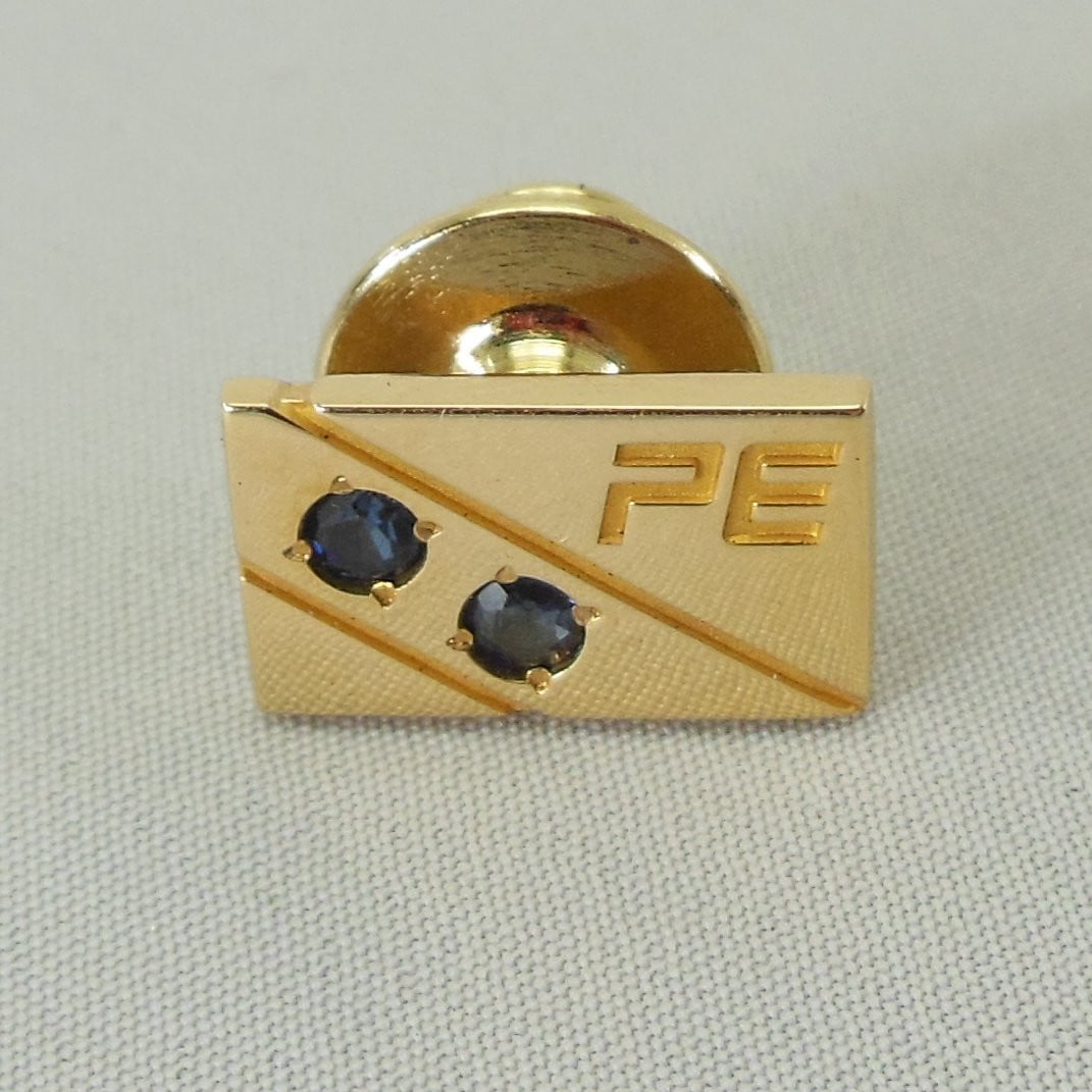 PE 14K Yellow Gold Service Award Pin Two Sapphires 