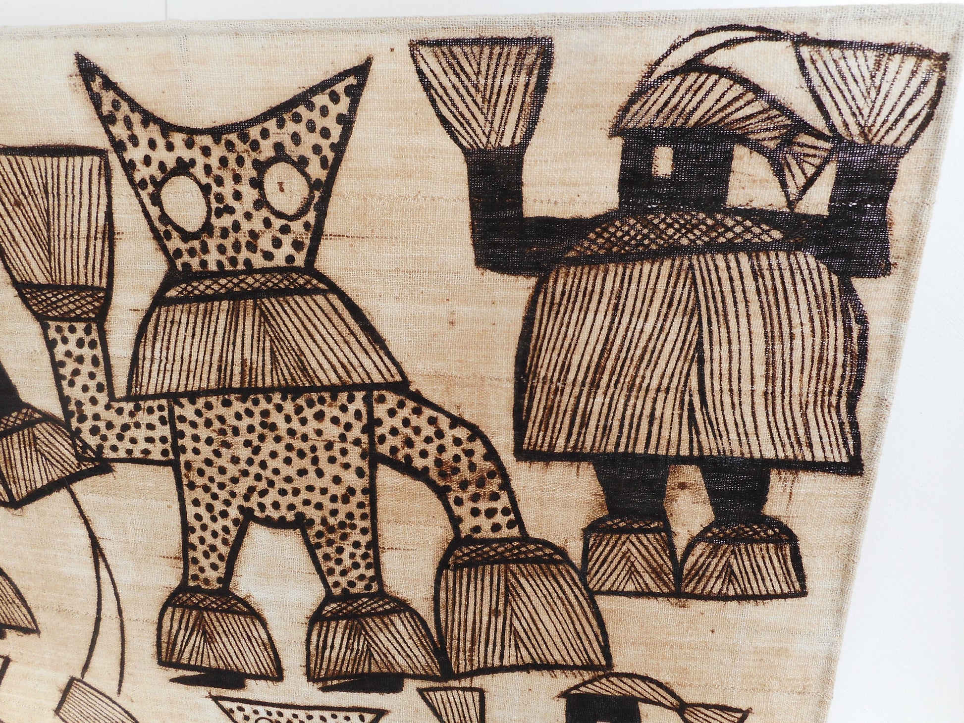 MCM Textile Wall Art Brass Rod - Kuba Cloth African Pende Dancers - Jere Era Modern