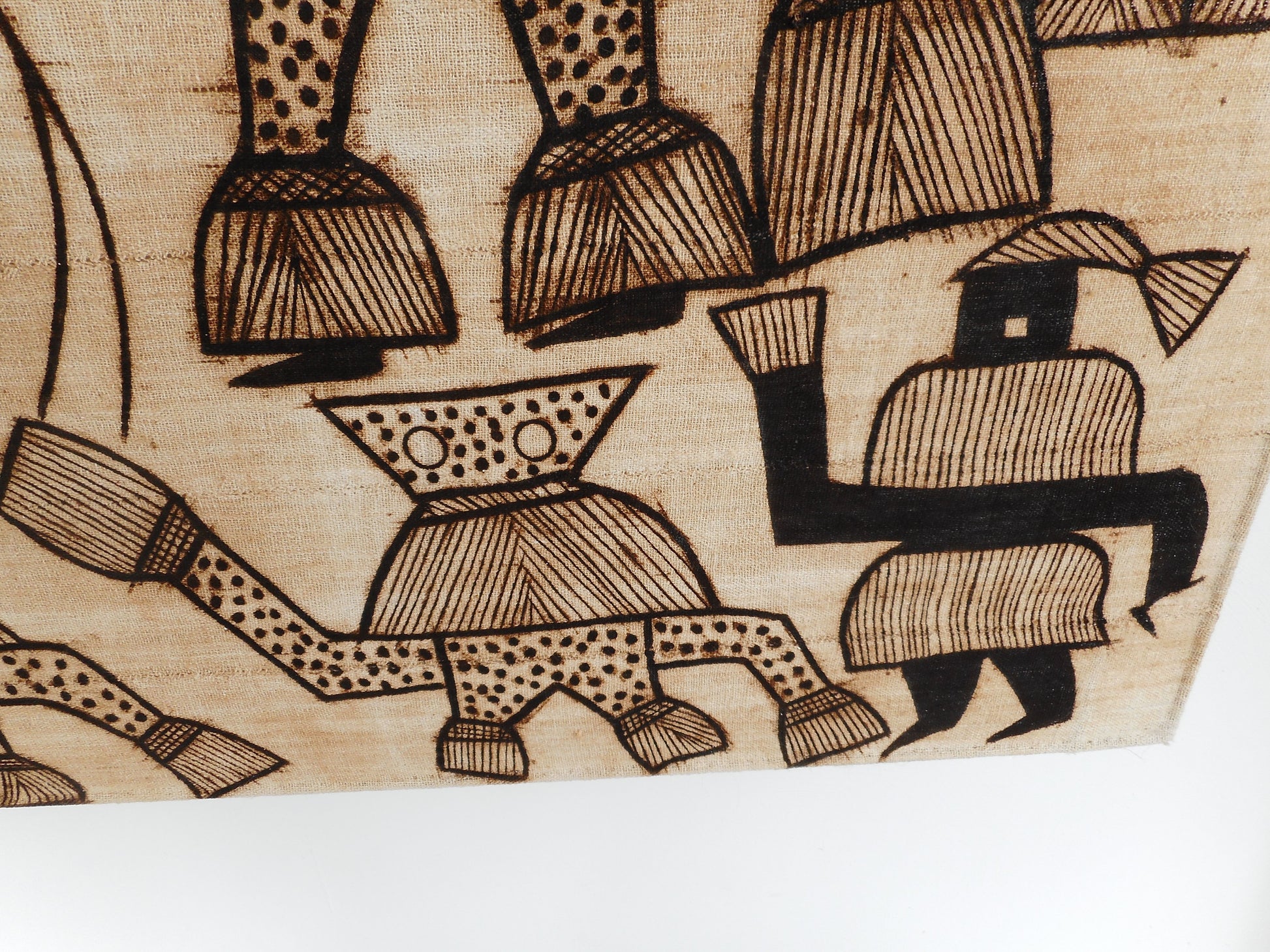 MCM Textile Wall Art Brass Rod - Kuba Cloth African Pende Dancers - Straw 
