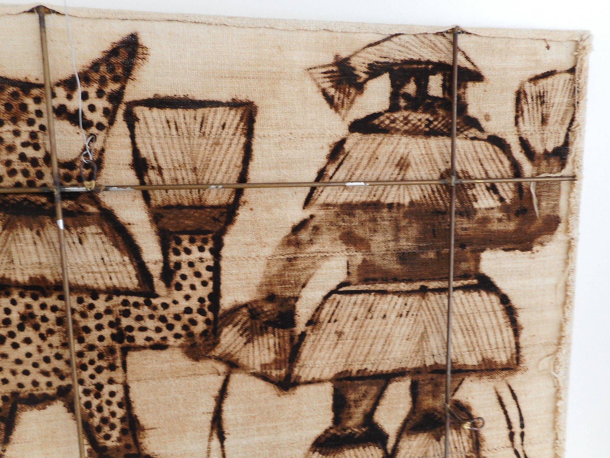MCM Textile Wall Art Brass Rod Frame - Kuba Cloth African Pende Dancers - Jere Era