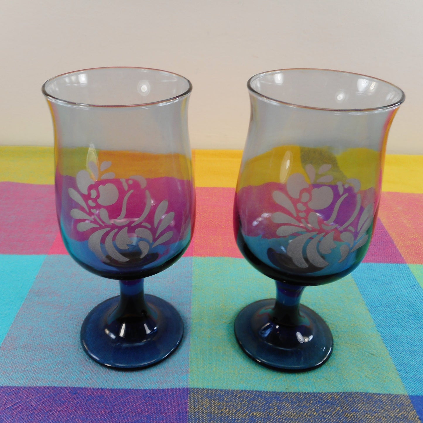Pfaltzgraff Pair Folk Art Water Wine Goblets - Bird Etch on Blue Glass