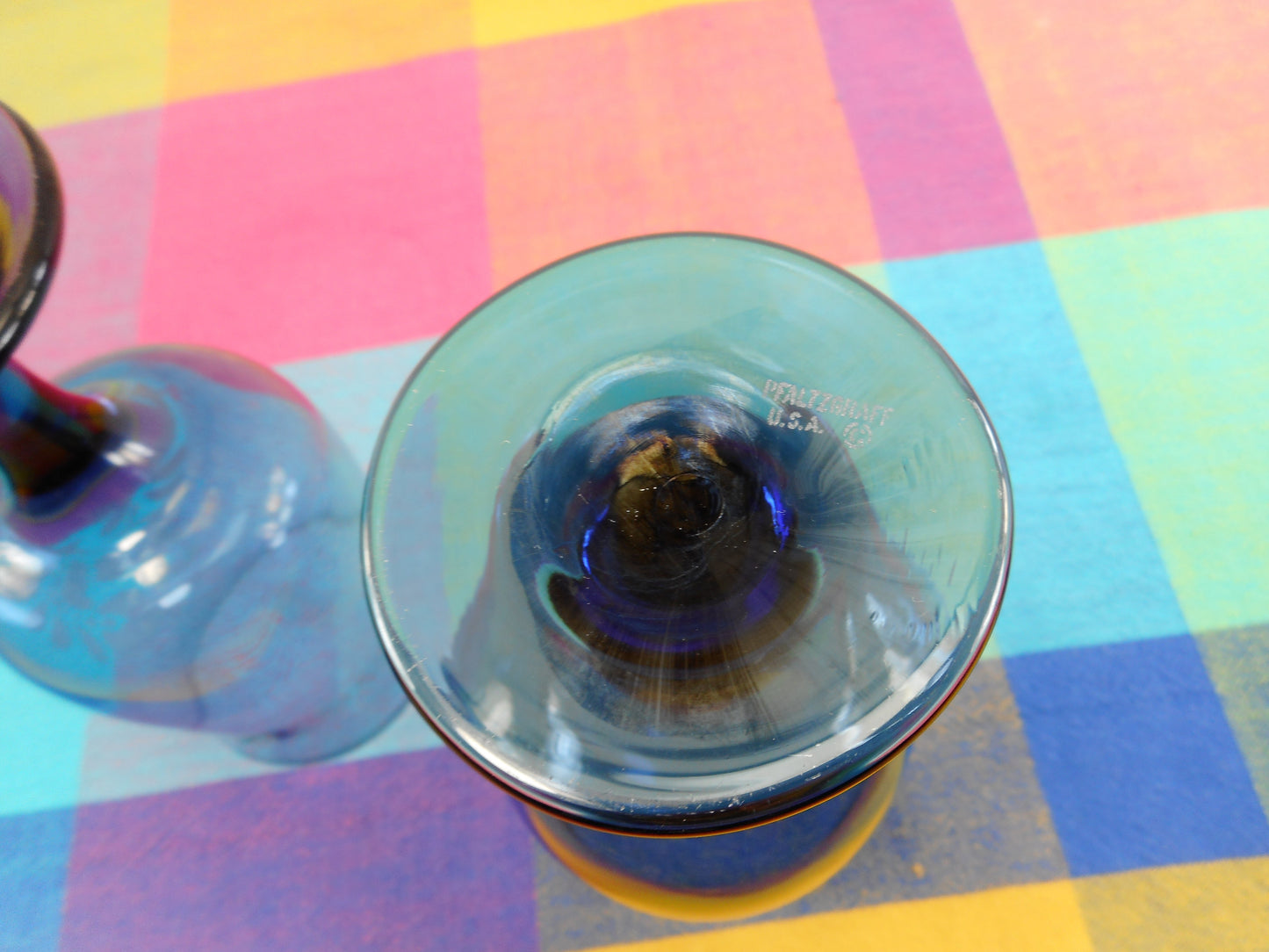 Pfaltzgraff Pair Folk Art Water Wine Goblets - Bird Etch on Blue Glass Signed