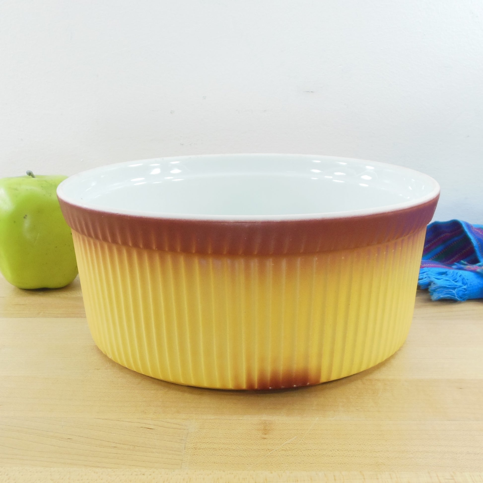 Apilco France Ribbed Porcelain Souffle Dish Yellow Brown 2 Quart