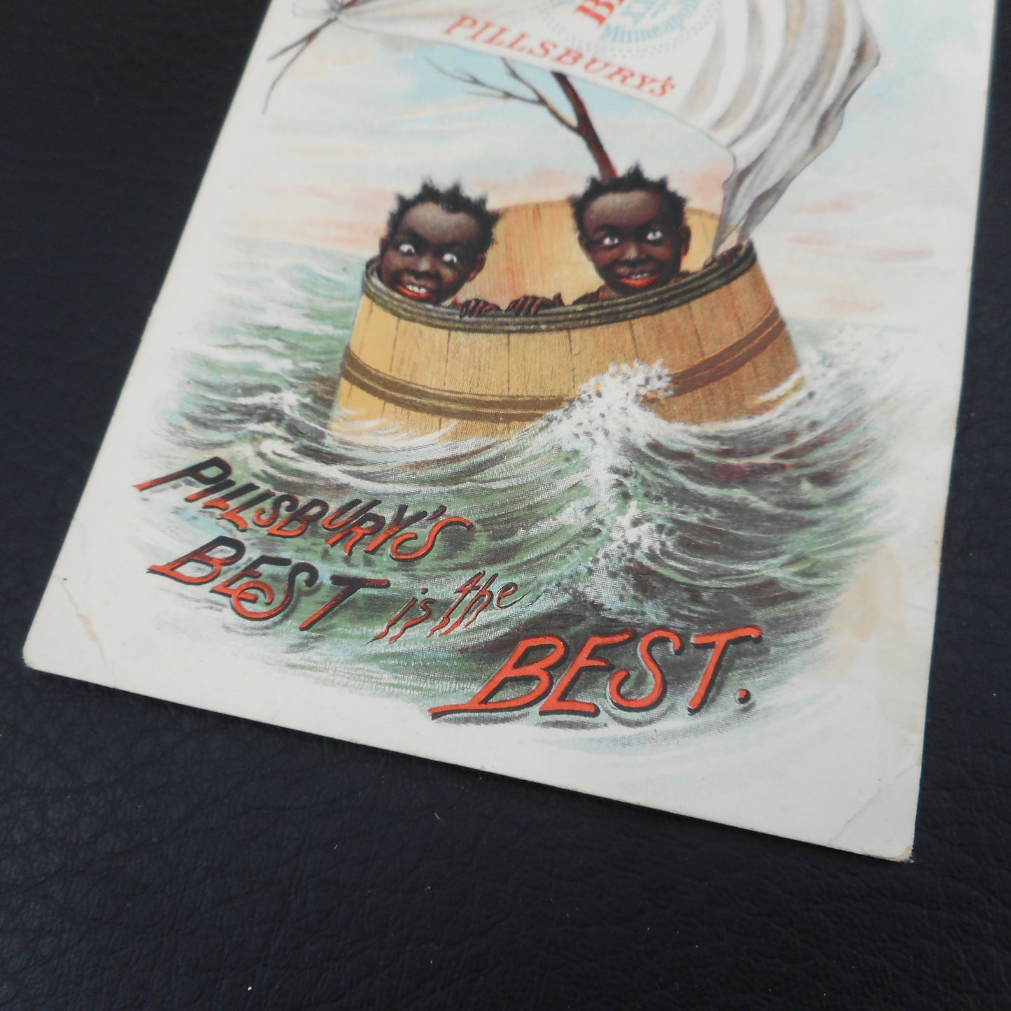 Pillsbury's Best Flour Antique Trade Card Black Americana Boys Sailing Barrel