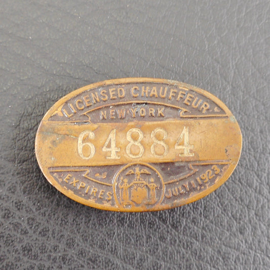 New York Expires 1923 Licensed Chauffeur Copper Pin Vintage