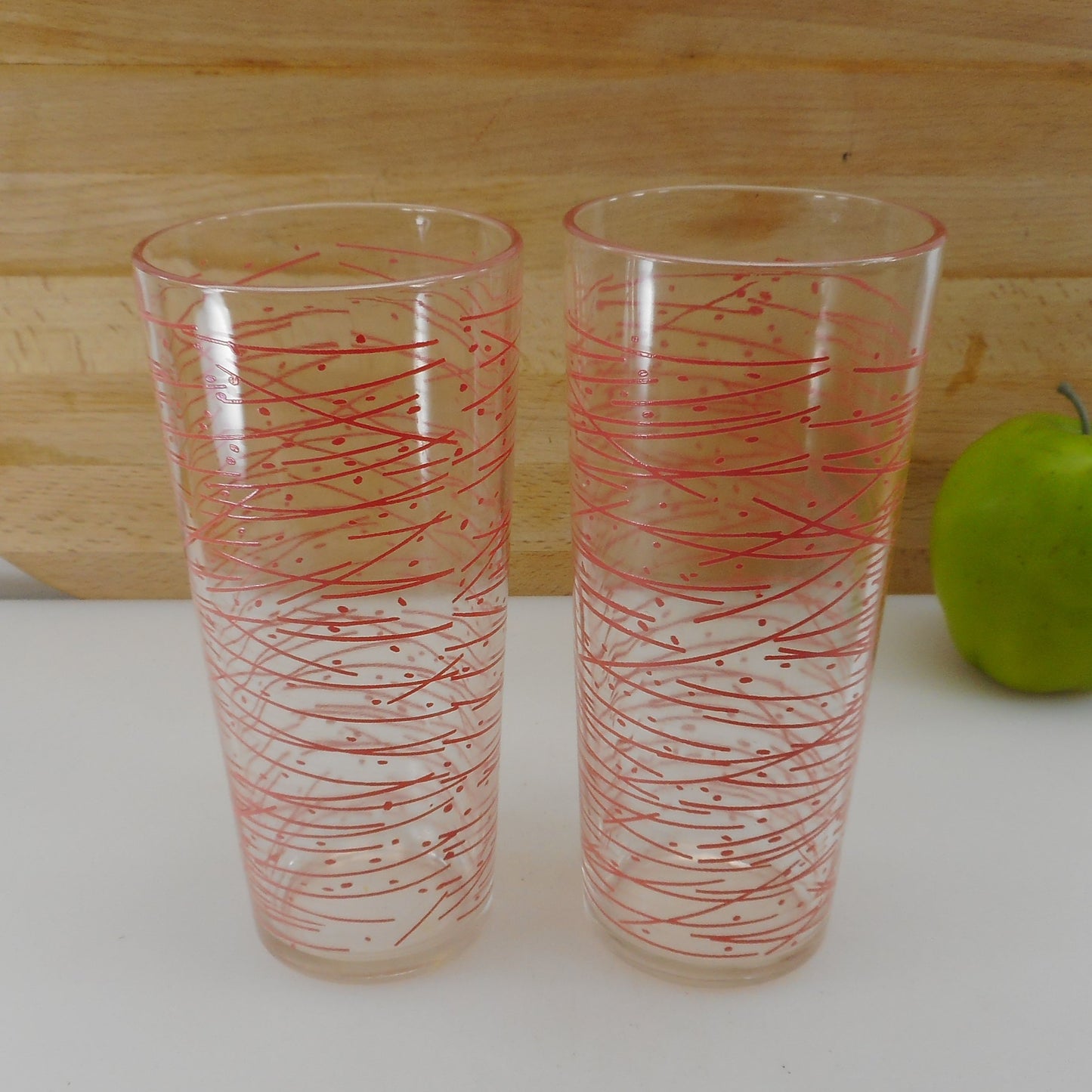Pink Stick Dot Tall Drink Glasses 6.5" Retro Atomic Vintage