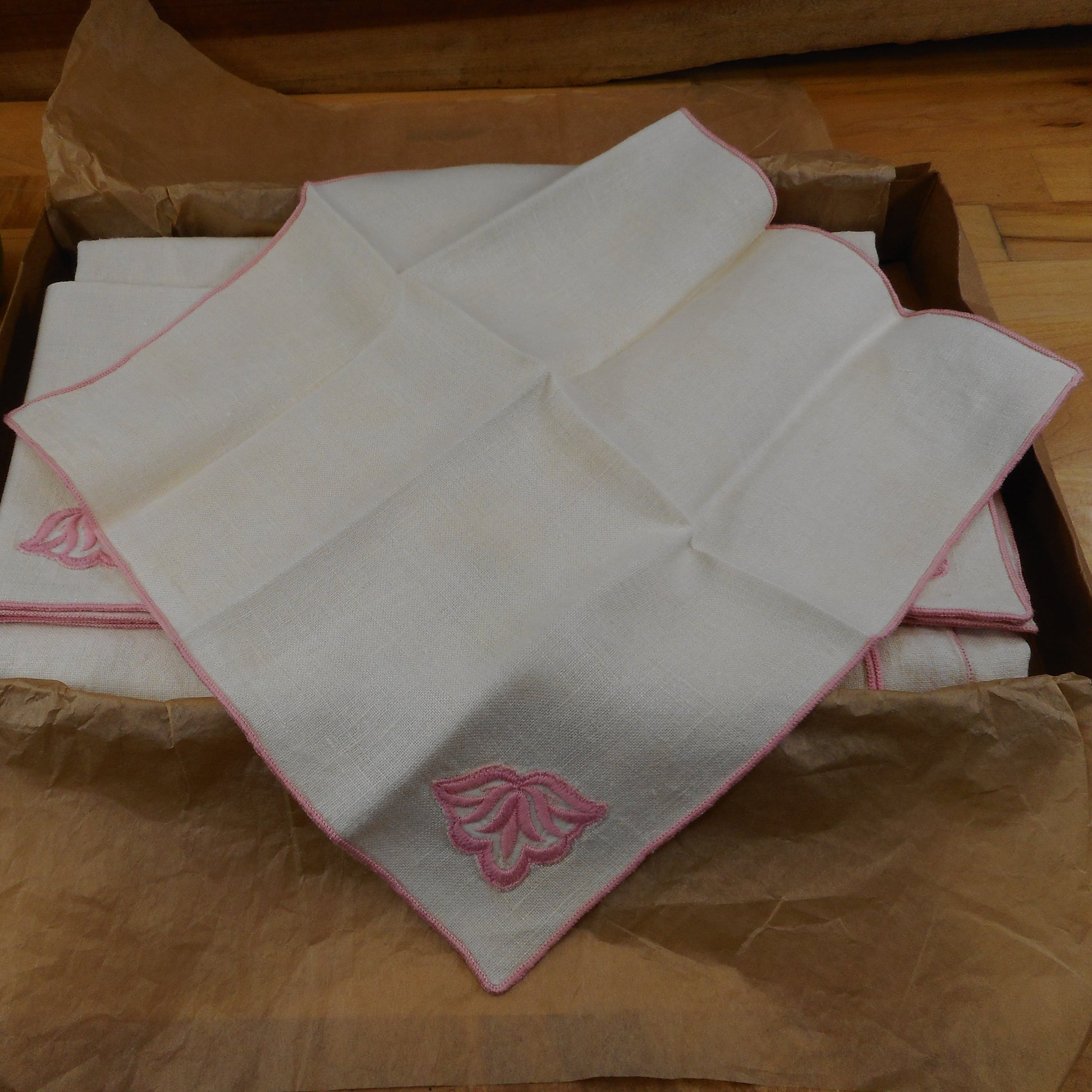 Pink Flower Border Linen Napkin Tablecloth Set - 51 x 66 Unused Vintage
