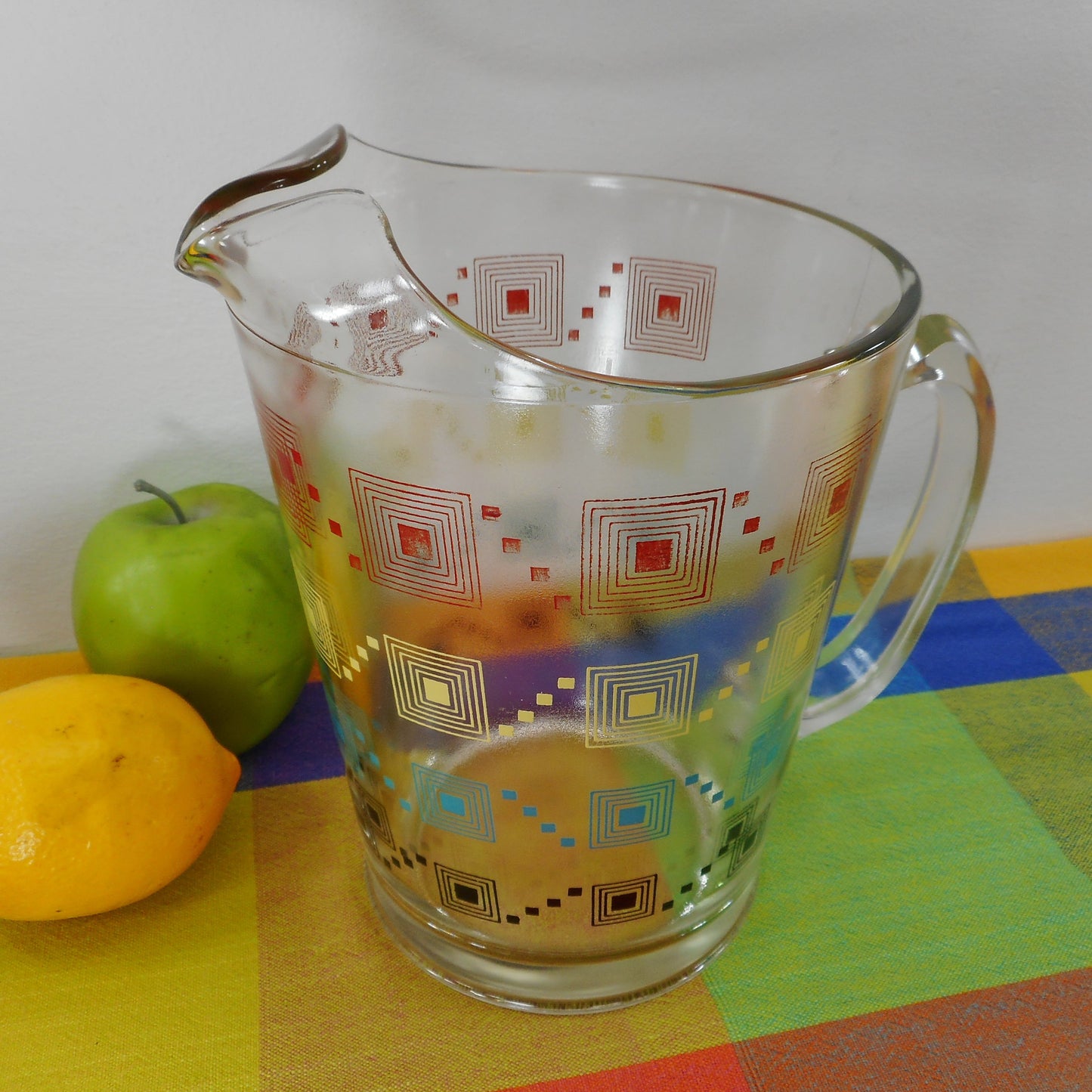 Unbranded 1950-60's Glass Drink Pitcher Multi-Color Graduated Squares