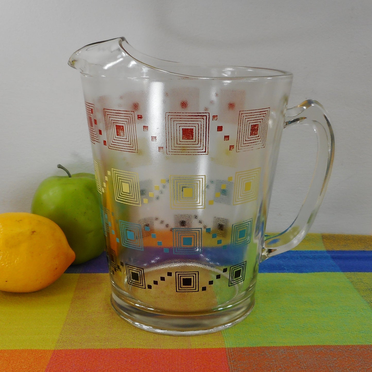 Unbranded 1950-60's Glass Drink Pitcher Multi-Color Graduated Squares Vintage