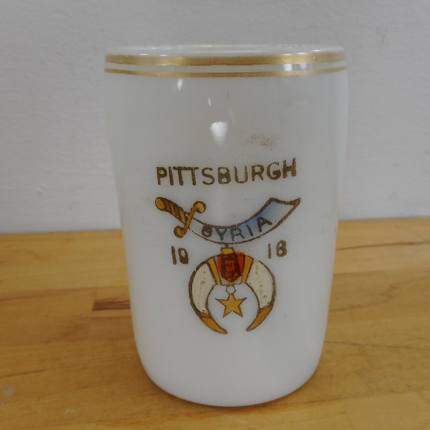 1916 Buffalo NY Pittsburgh PA Masonic Syria Shriner Milk Glass Tumbler Cup Antique