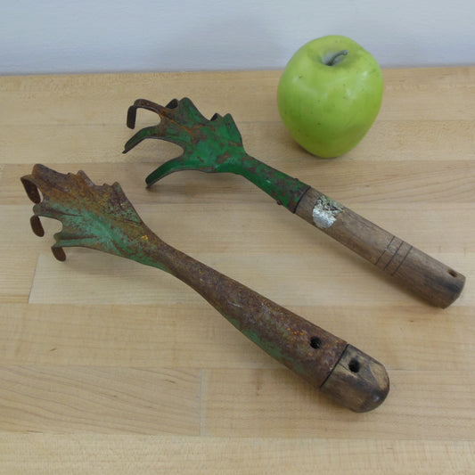 Pair Hand Garden Claw Rakes Green Steel Wood Handle Vintage Rustic