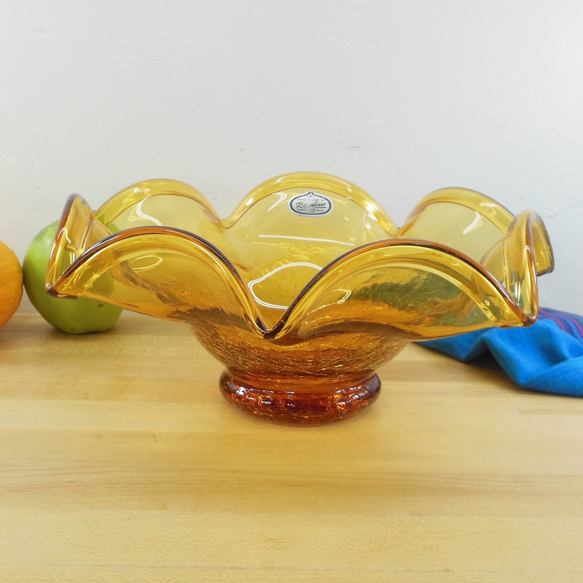Rainbow Art Glass W.V. Large 11.25" Amber Crackle Bowl Original Label