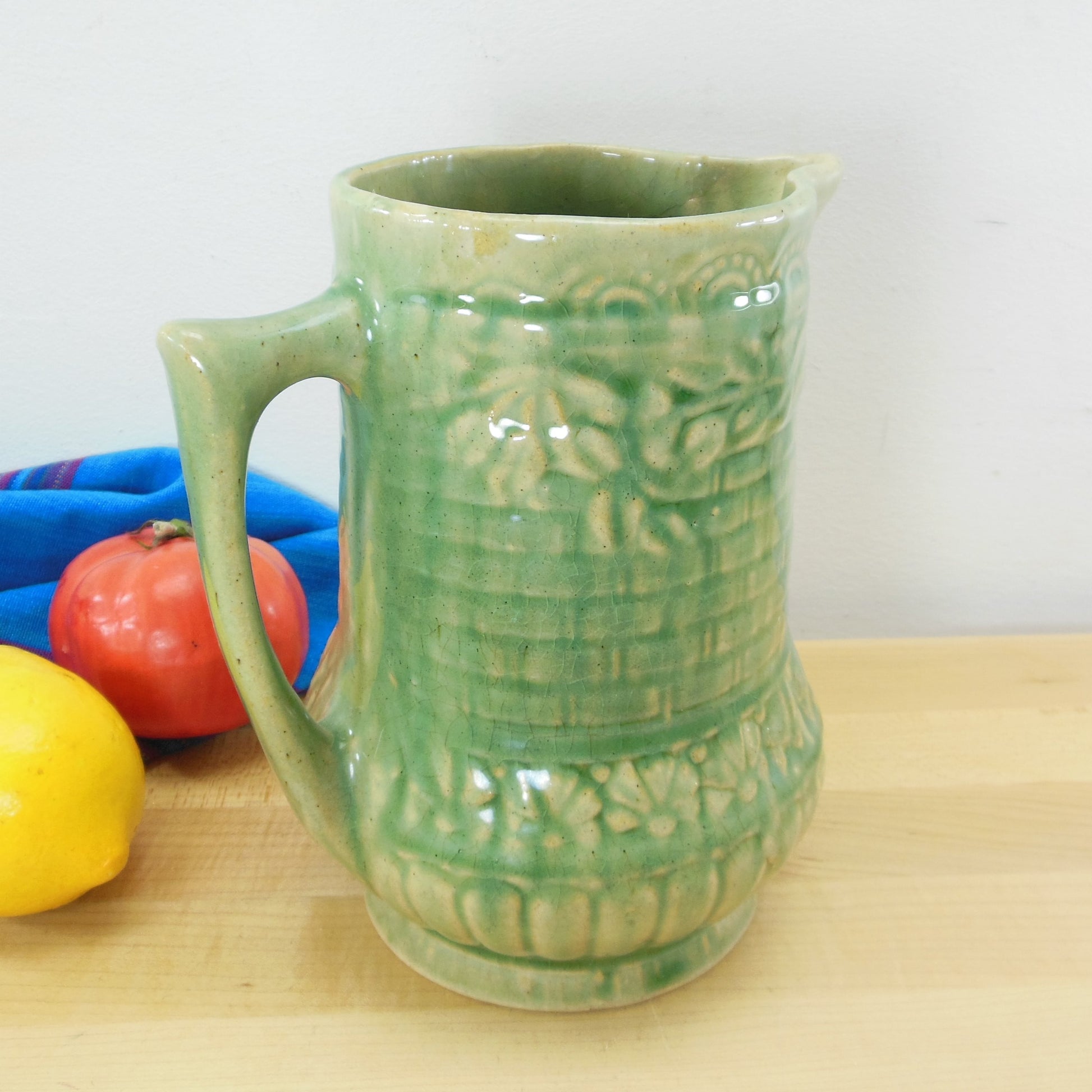 RRP Robinson-Ransbottom Pottery Yellow Ware Green Rosella Pitcher Used