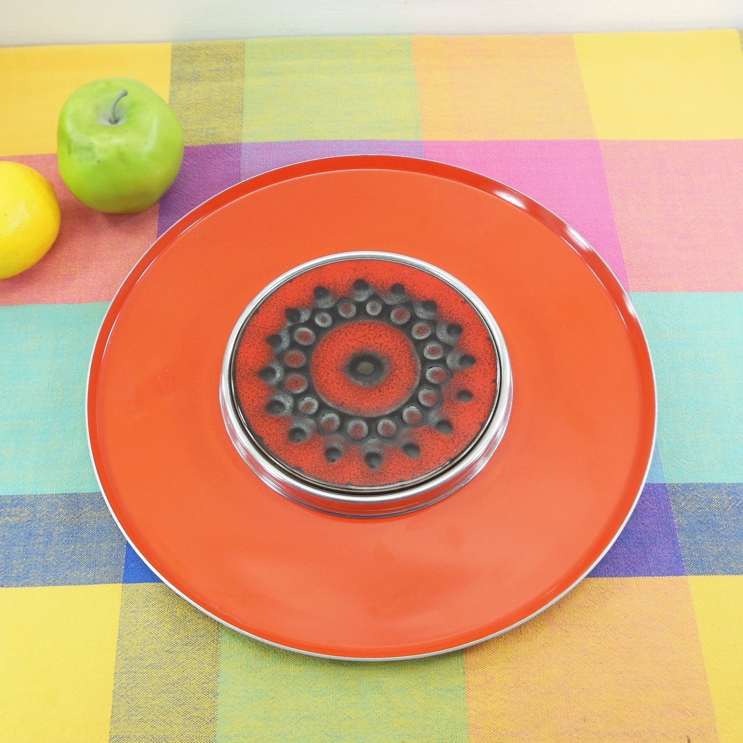 Unbranded Danish Modern Red/Orange Tile Metal Serving Platter