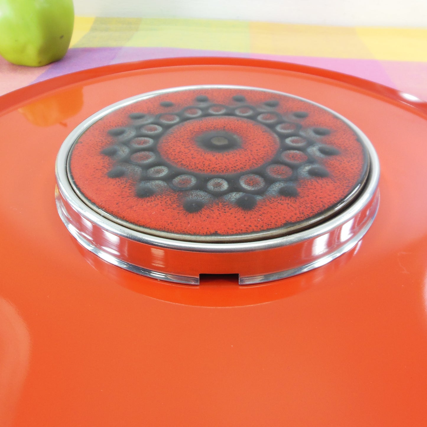 Unbranded Danish Modern Red/Orange Tile Metal Serving Platter Vintage