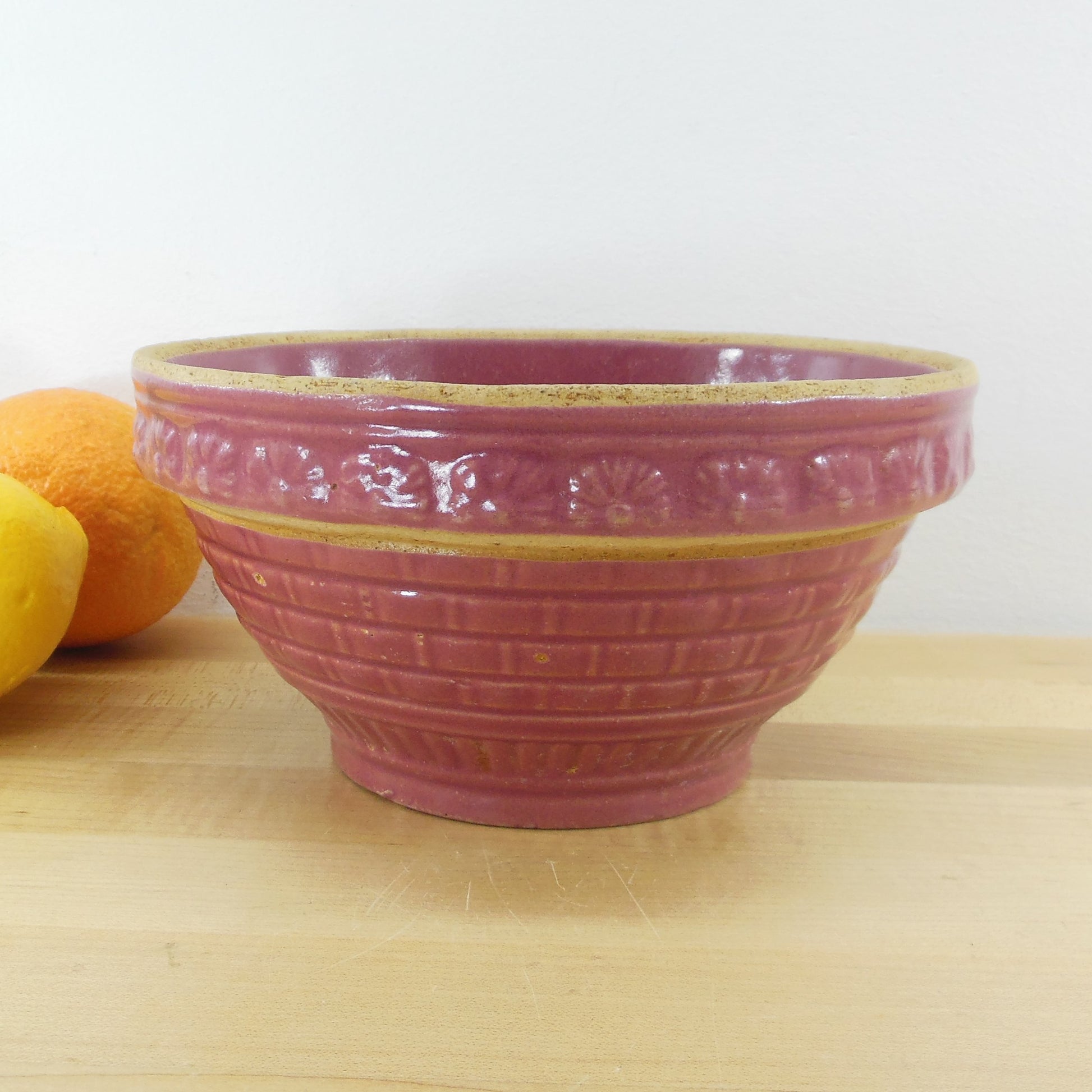 Robinson Ransbottom Pottery Crown Mark Pink Yellow Ware Bowl Basket Weave Fan