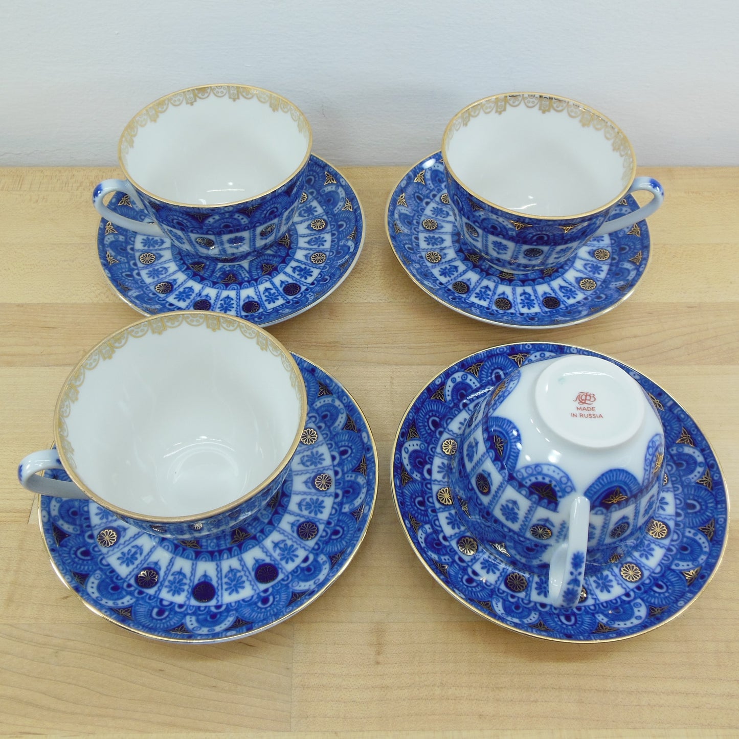 Lomonosov Russia Arches Tea Cup Saucer Cobalt Blue Gold - 4 Set
