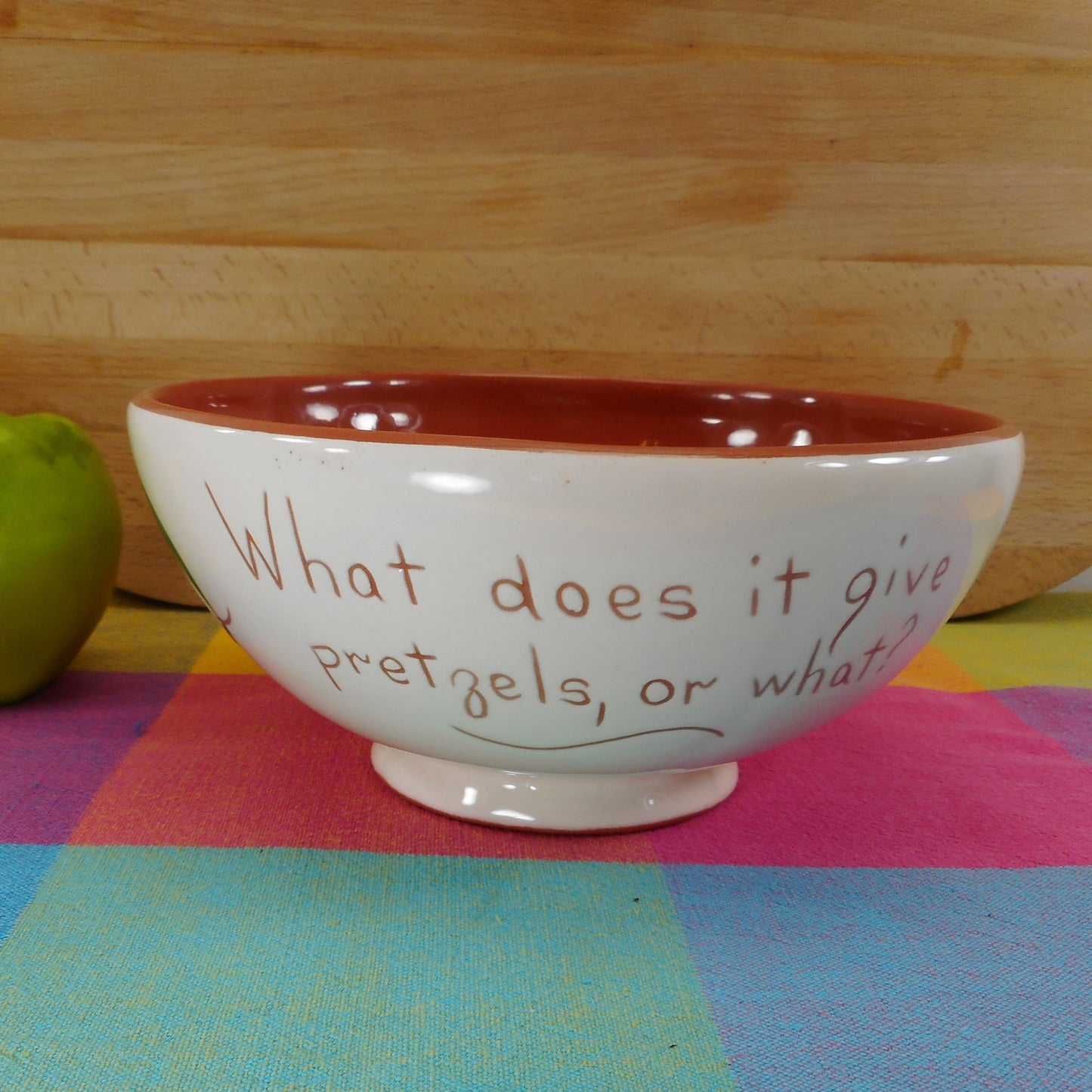 Ruth Price Pottery Pennsylvania Dutch Amish Mottoware Bowl - What Does it Give Pretzels or What?