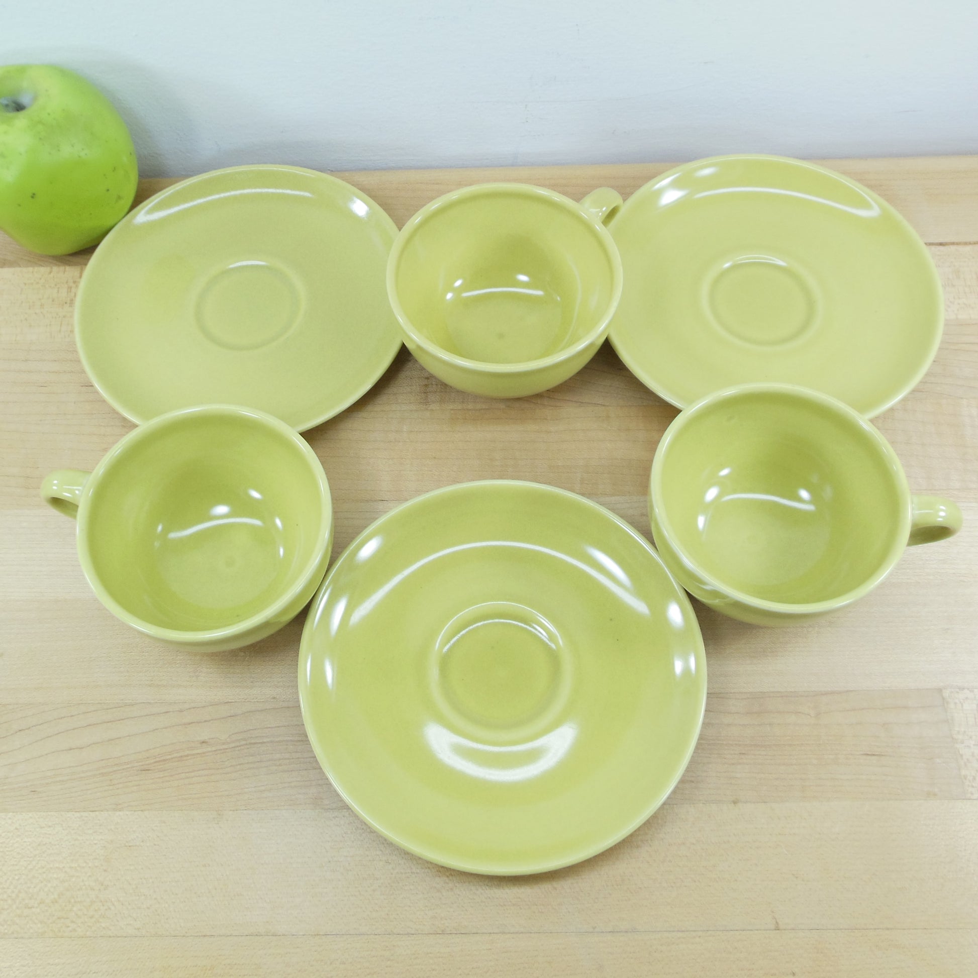 Russel Wright Iroquois Cup & Saucers Avocado Yellow Green - 3 Set Vintage