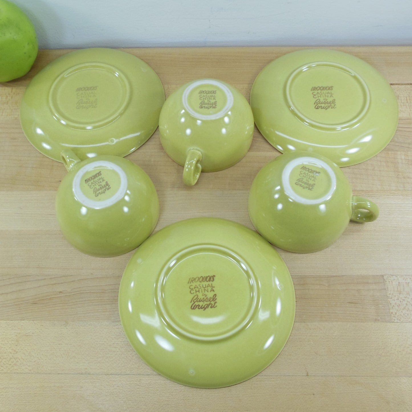 Russel Wright Iroquois Cup & Saucers Avocado Yellow Green - 3 Set used