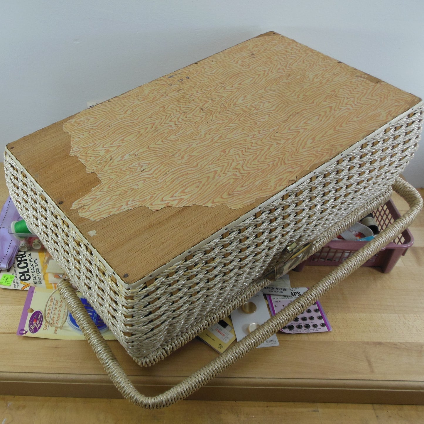Estate Wicker Woven Sewing Box Basket with Notions Thread Needles