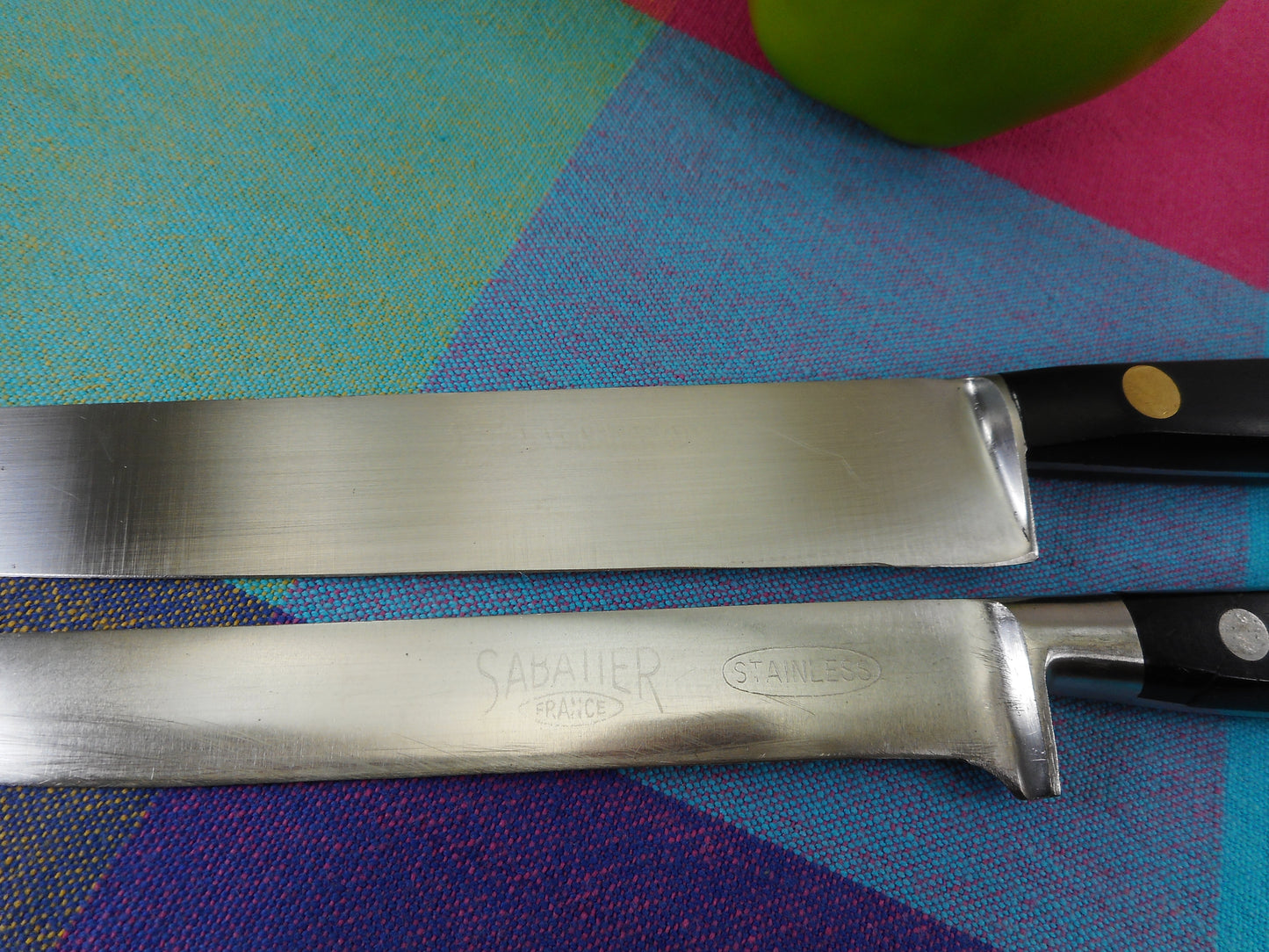 Sabatier France Pair Stainless Kitchen Knives wt Damage - 6" Utility & Lion 7.5" Slicing - scratch
