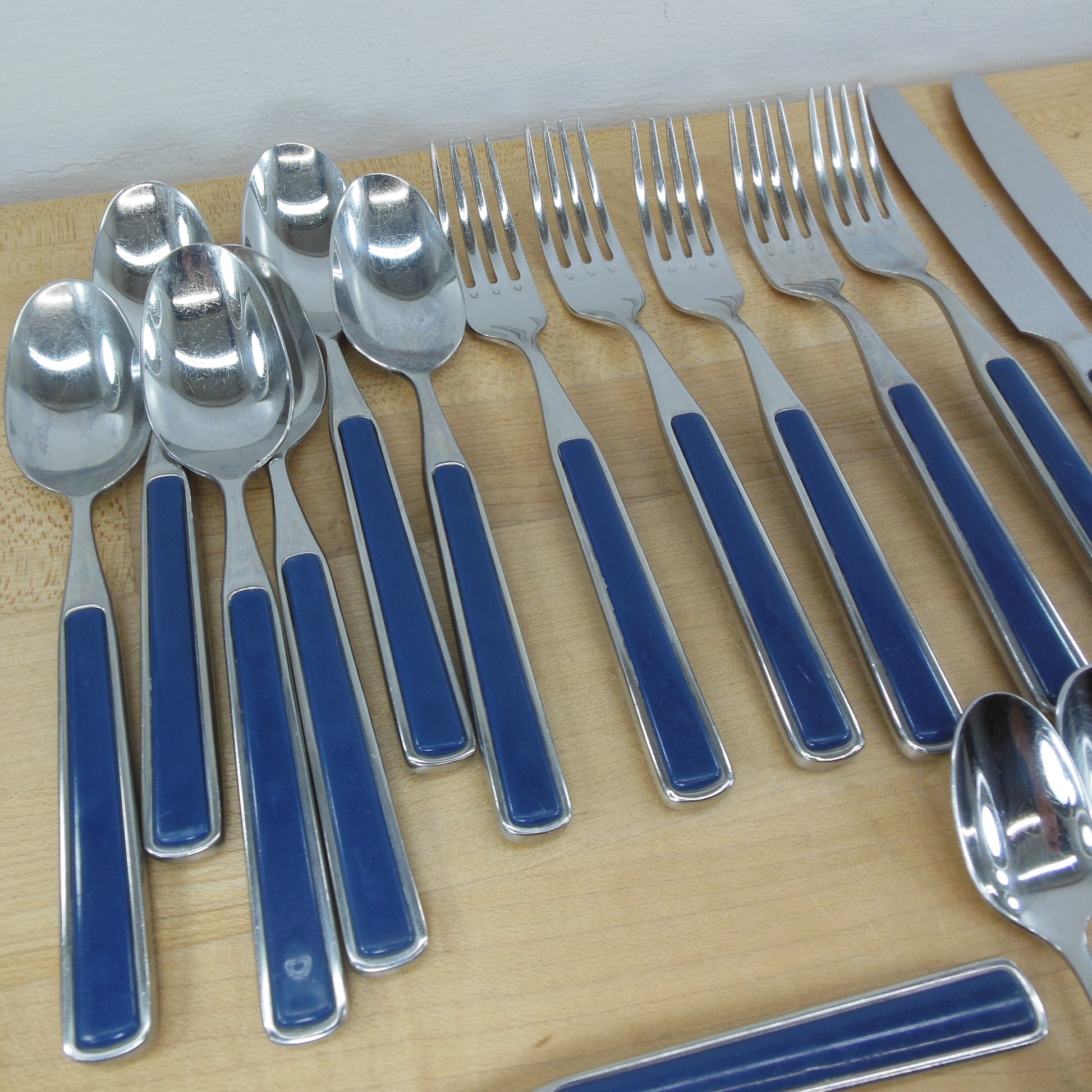 Seed France Stainless Flatware Blue Handle - Partial Set 20 Pieces Vintage