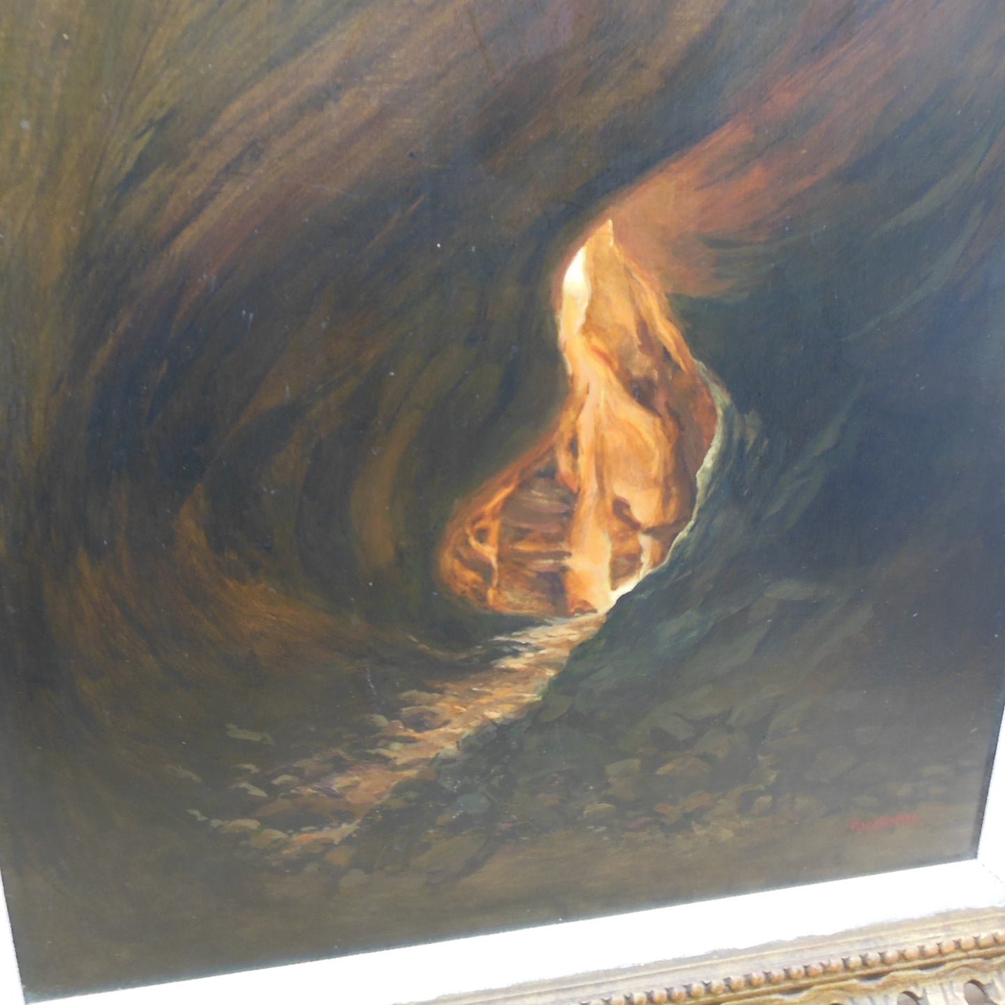 F. W. Shaffer Signed Oil Painting Camp Fire In Canyon Cave Vintage