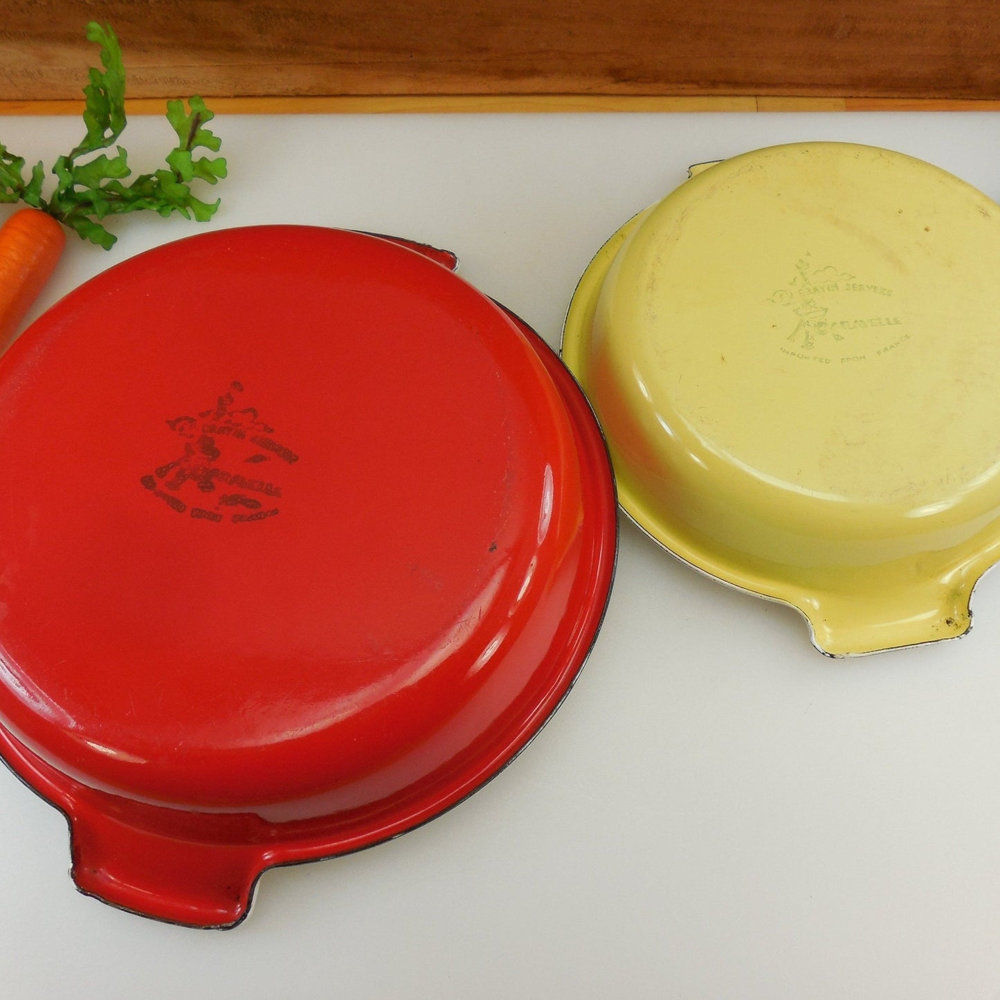 Caravelle France Gratin Servers Red Yellow Enamelware - Not Sizzlers Vintage used