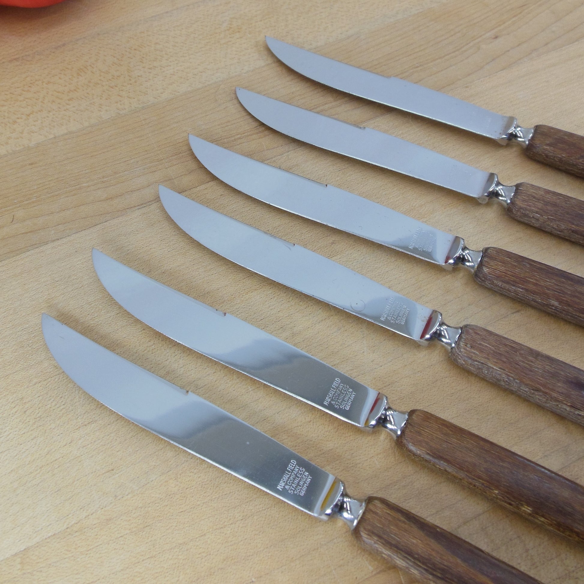 Marshall Fields Solingen Germany 6 Steak Knife Set Stainless Wood Handle Vintage