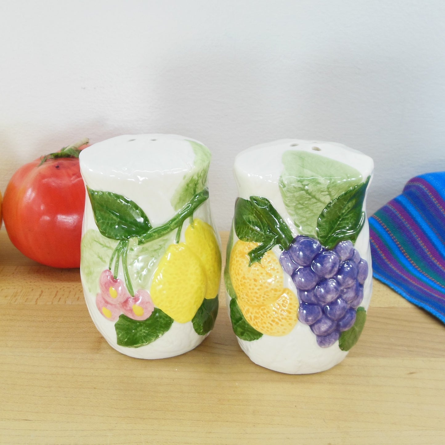 Hand Painted Fruit Embossed Leaves Salt and Pepper Shakers