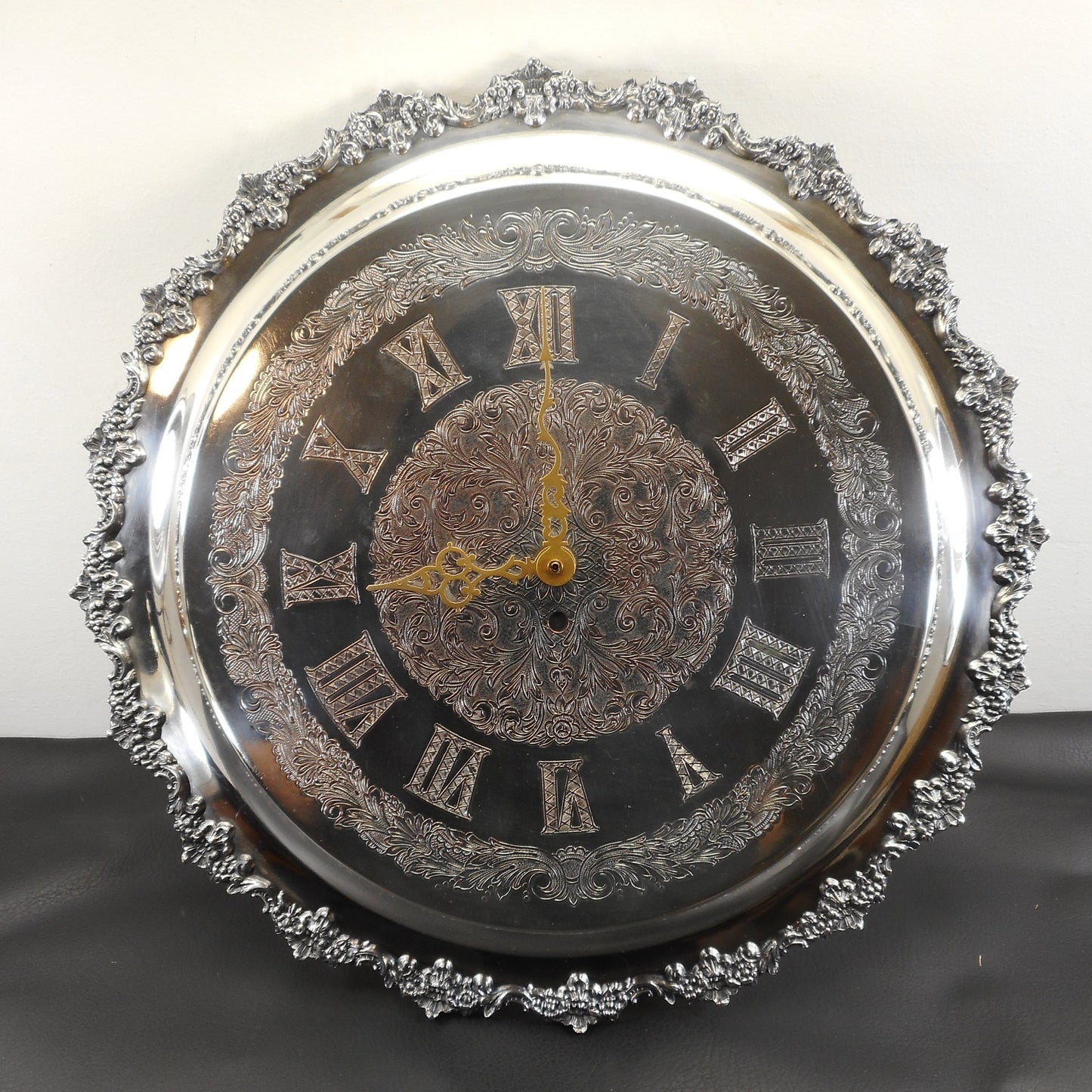 Unbranded Vintage Silver Plate Engraved 16.5" Wall Clock Ornate Roman Numerals