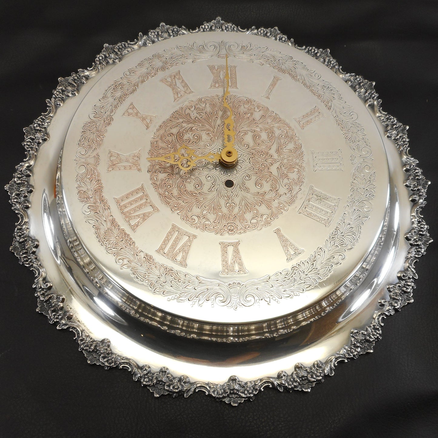 Unbranded Vintage Silver Plate Engraved 16.5" Wall Clock Ornate Roman Numerals Antique