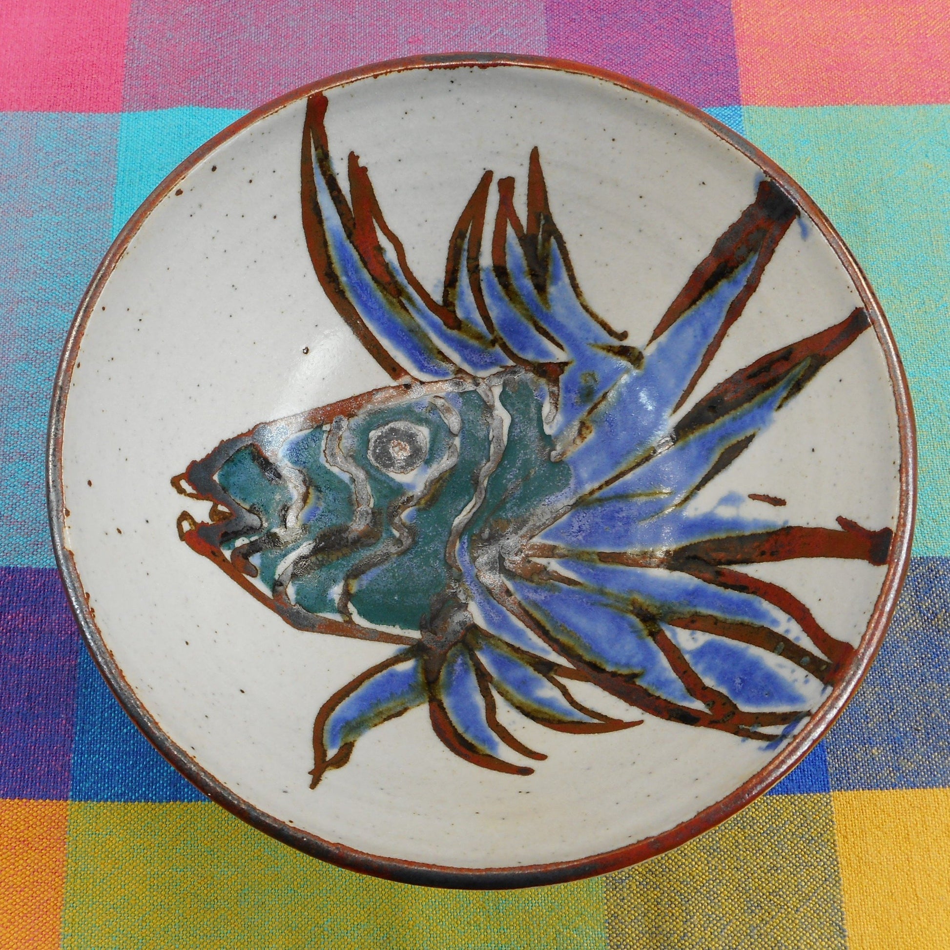 Straddie Australia 6" Art Studio Pottery Bowl Signed PP Fish Blue Green