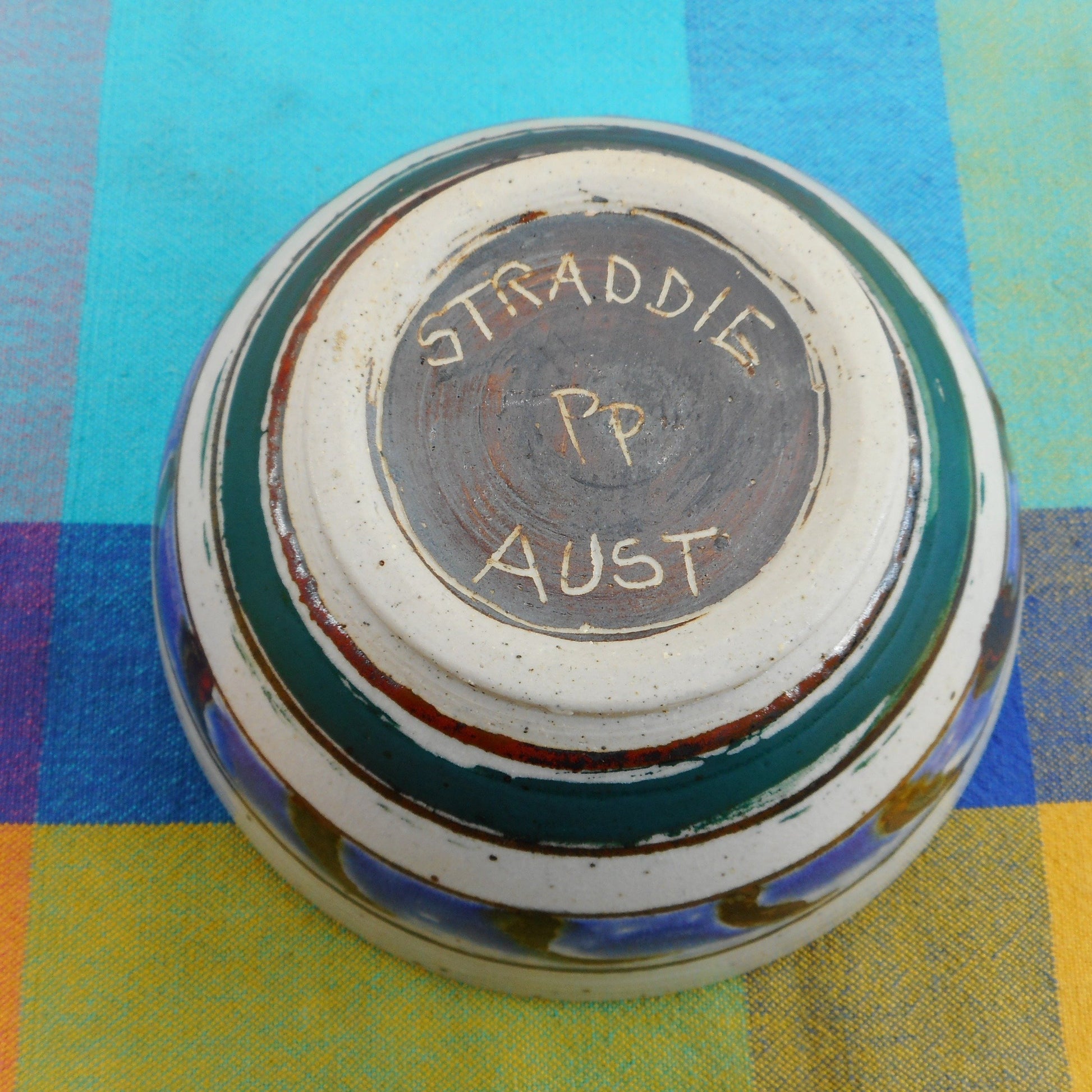 Straddie Australia 6" Art Studio Pottery Bowl Signed PP Fish Blue Green Brown