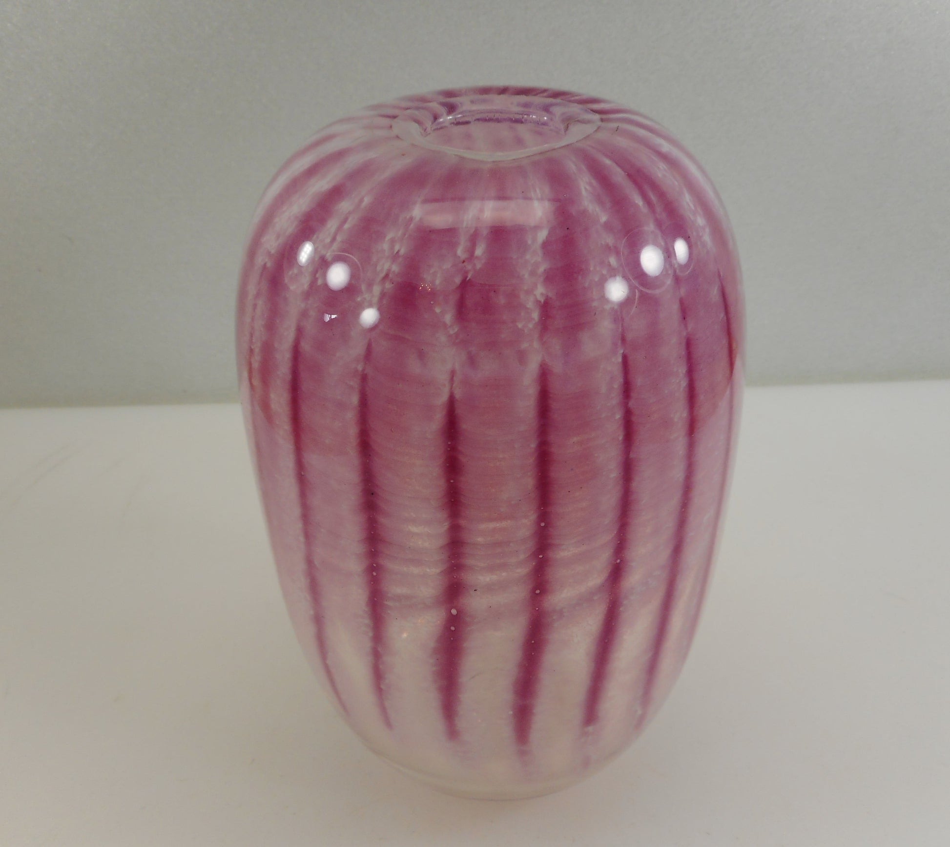 John Sullivan Signed Studio Art Glass Vase 6" Pink Pulls Clear Vintage
