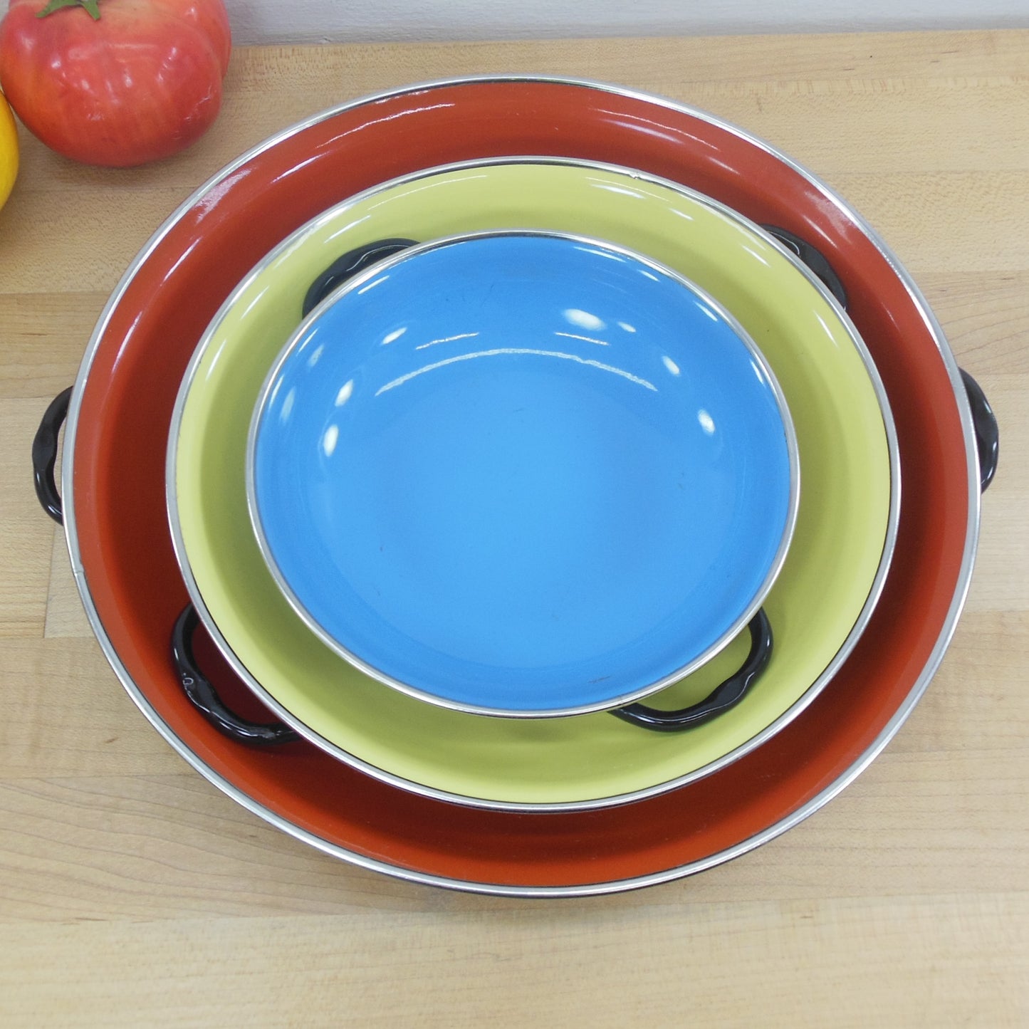 EMO Yugoslavia Enamelware Sizzling Au Gratin Pans - Red Yellow Blue