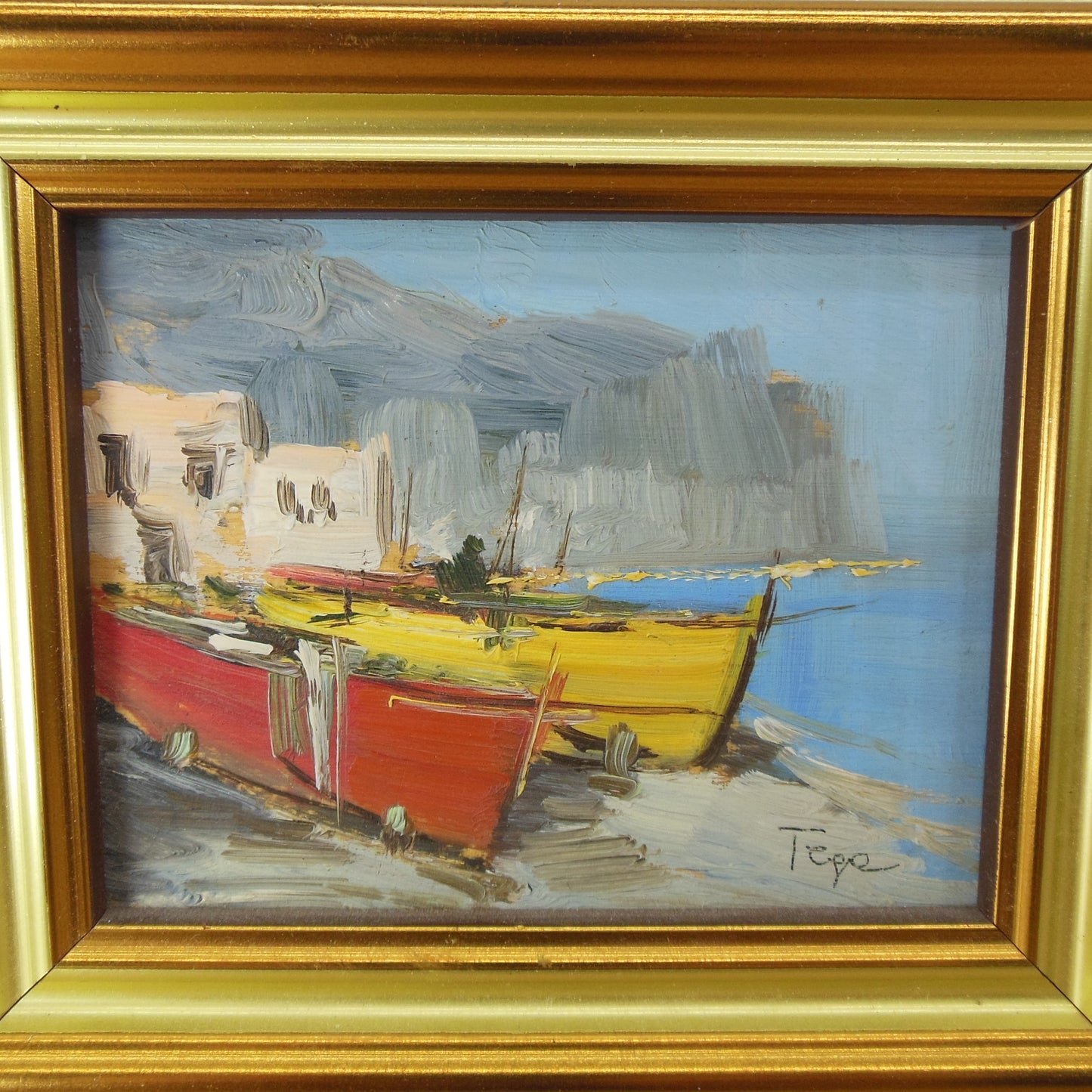 Scicilian Miniature Taormina Coastal Oil Painting Gladys Gallery Boats Shore Beach