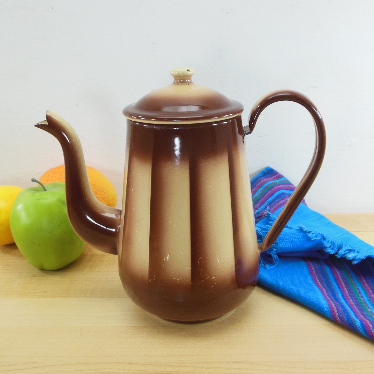 European Enamelware Two Tone Brown Airbrush Teapot Coffee Pot