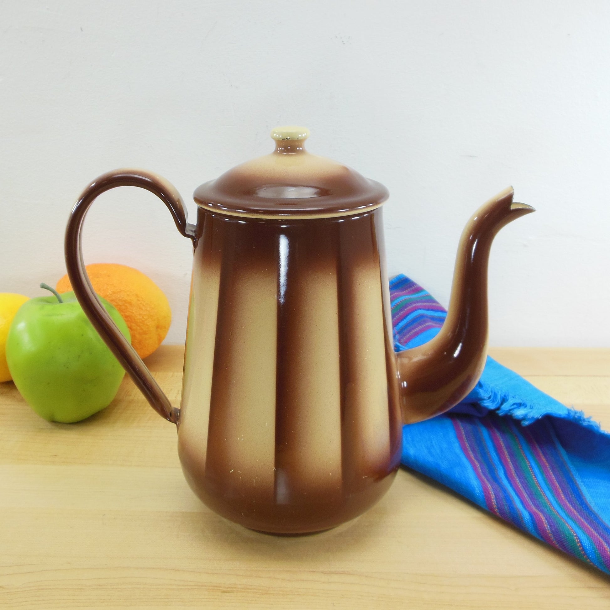 European Enamelware Two Tone Brown Airbrush Teapot Coffee Pot Spout