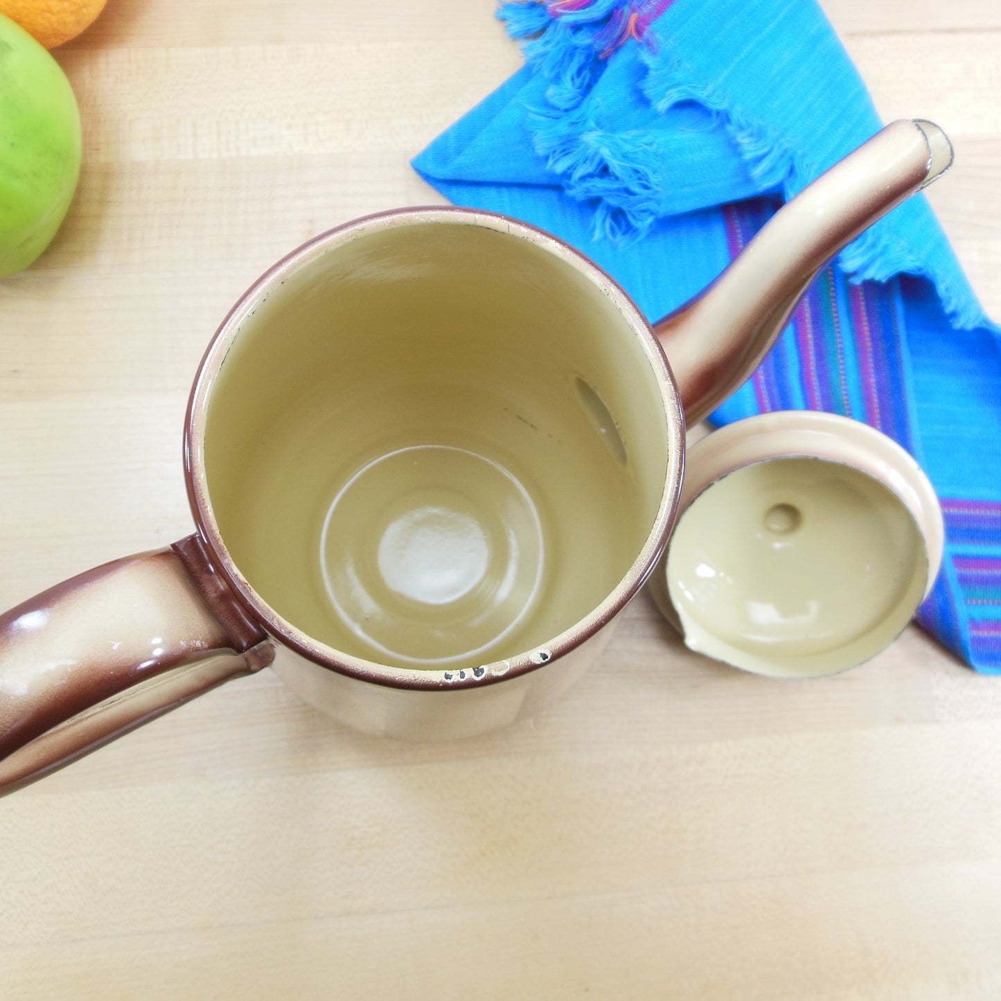 European Enamelware Two Tone Brown Airbrush Teapot Coffee Pot Used