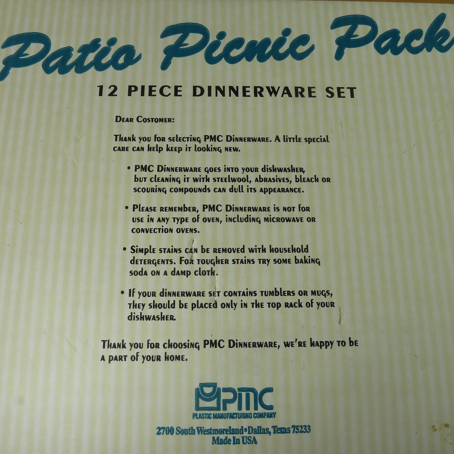Texas Ware PMC Patio Picnic Pack NOS Boxed 12 Piece Set Dinnerware Vintage Blue Melamine