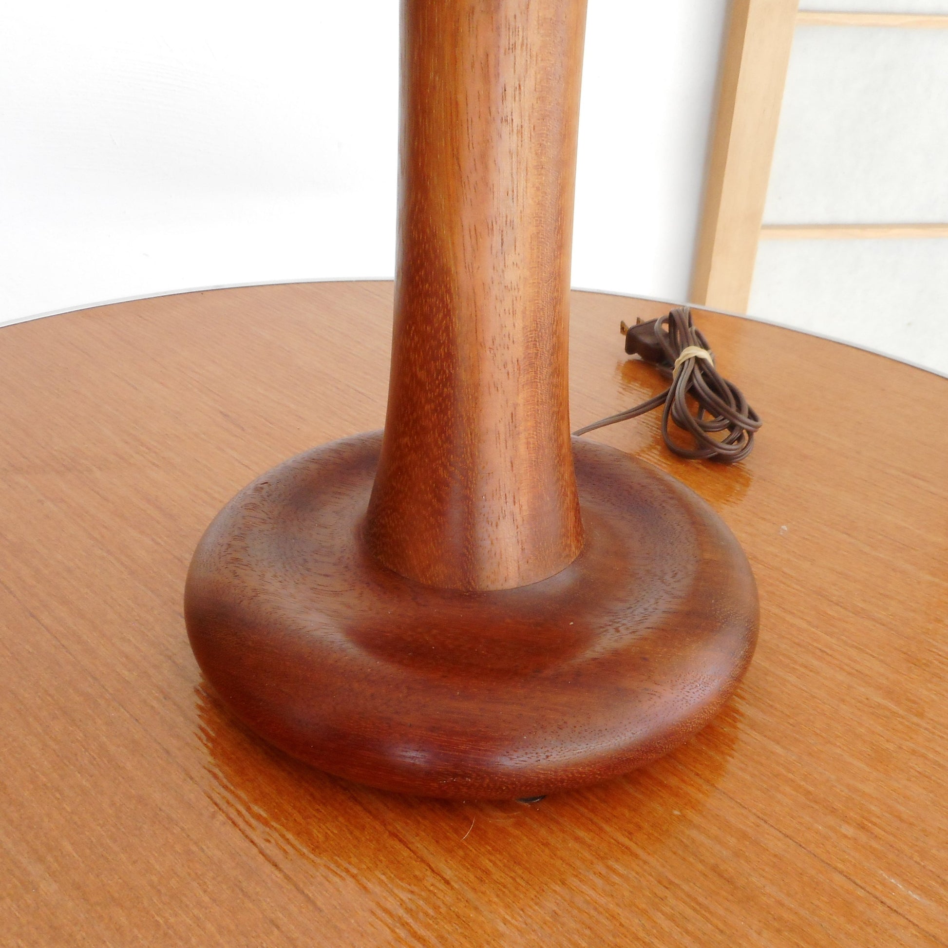 MCM Turned Teak Wood Table Lamp Mushroom Button Base Danish Modern
