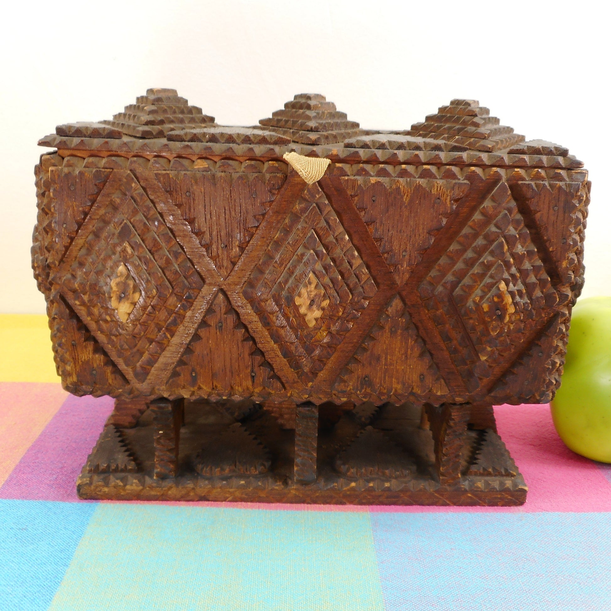 Antique Tramp Folk Art Carved From Cigar Box Footed Chest - 5 Cent Havana Cheroots Ladies