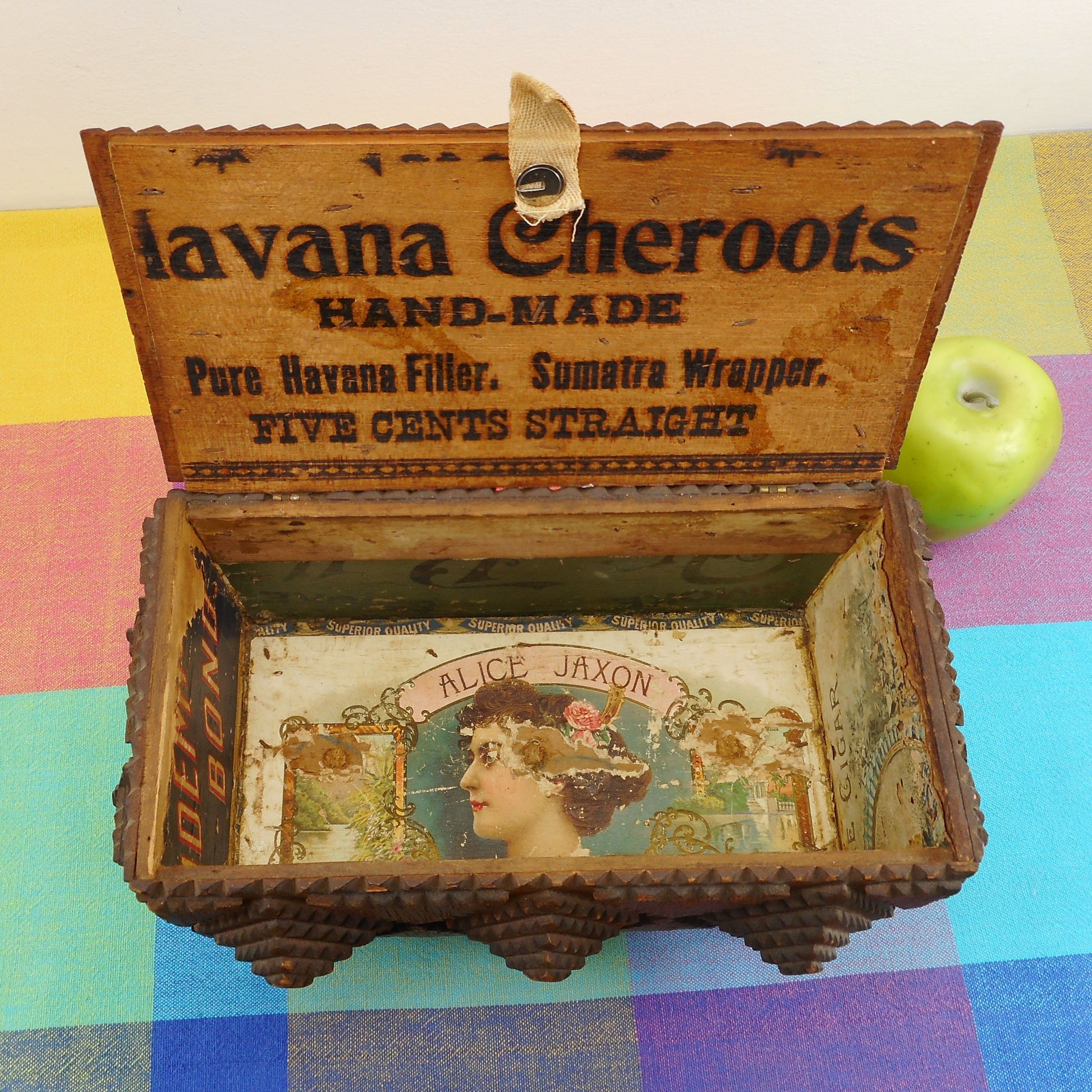Antique Tramp Folk Art Carved From Cigar Box Footed Chest - 5 Cent Havana Cheroots Ladies Romantic