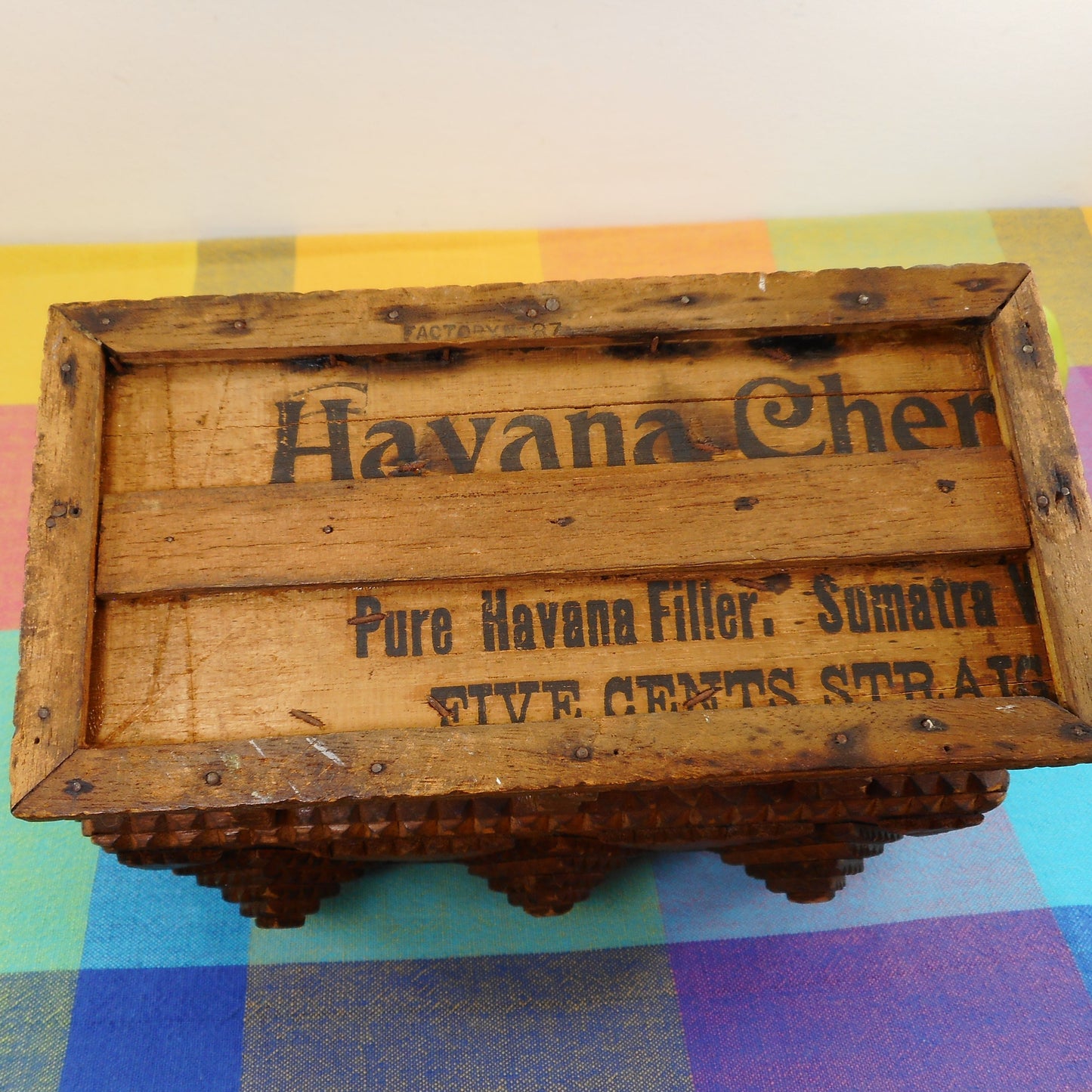 Antique Tramp Folk Art Carved From Cigar Box Footed Chest - 5 Cent Havana Cheroots Ladies 5 Cent Cheroots