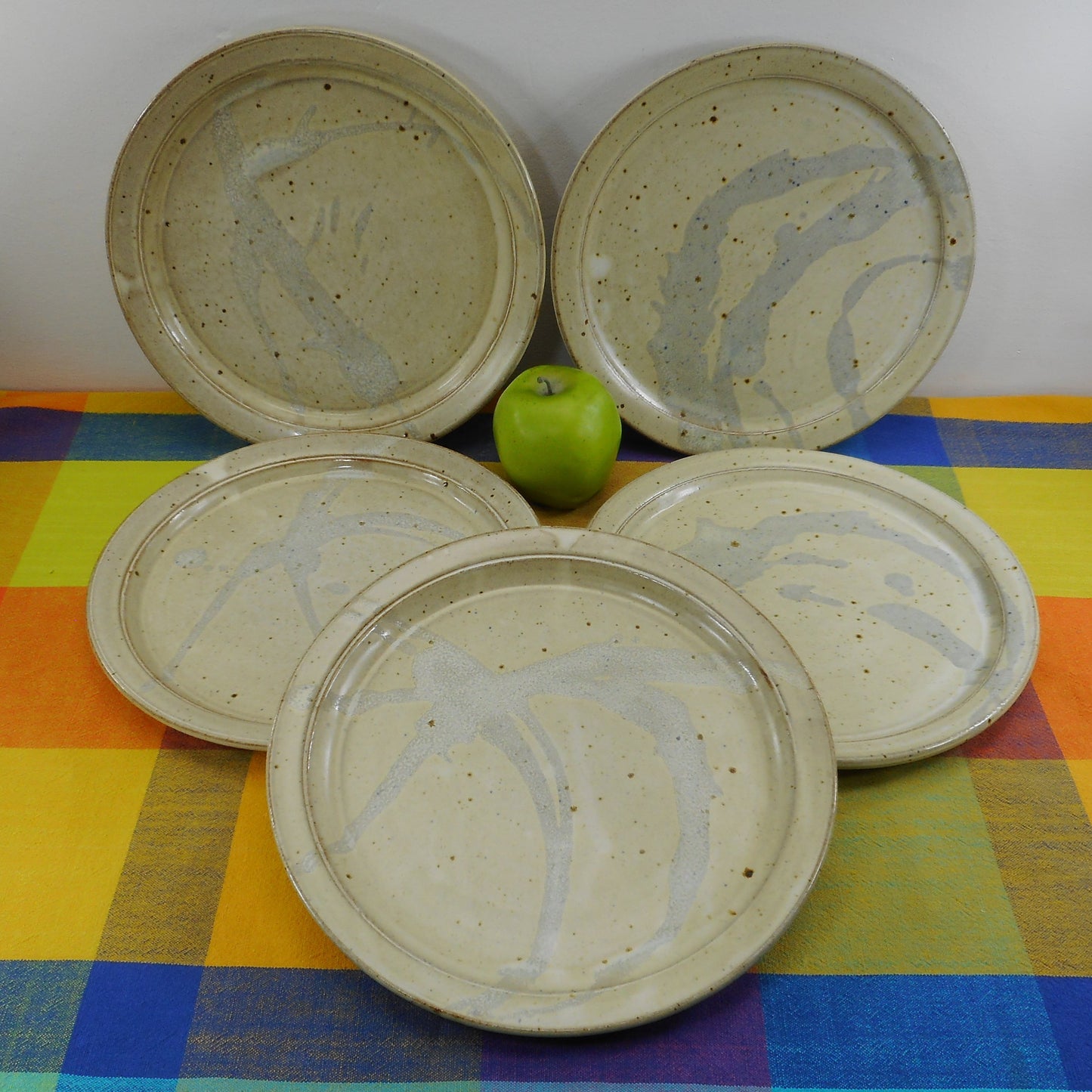 TT Artist Signed Art Pottery Stoneware Dinner Plates - 5 Set