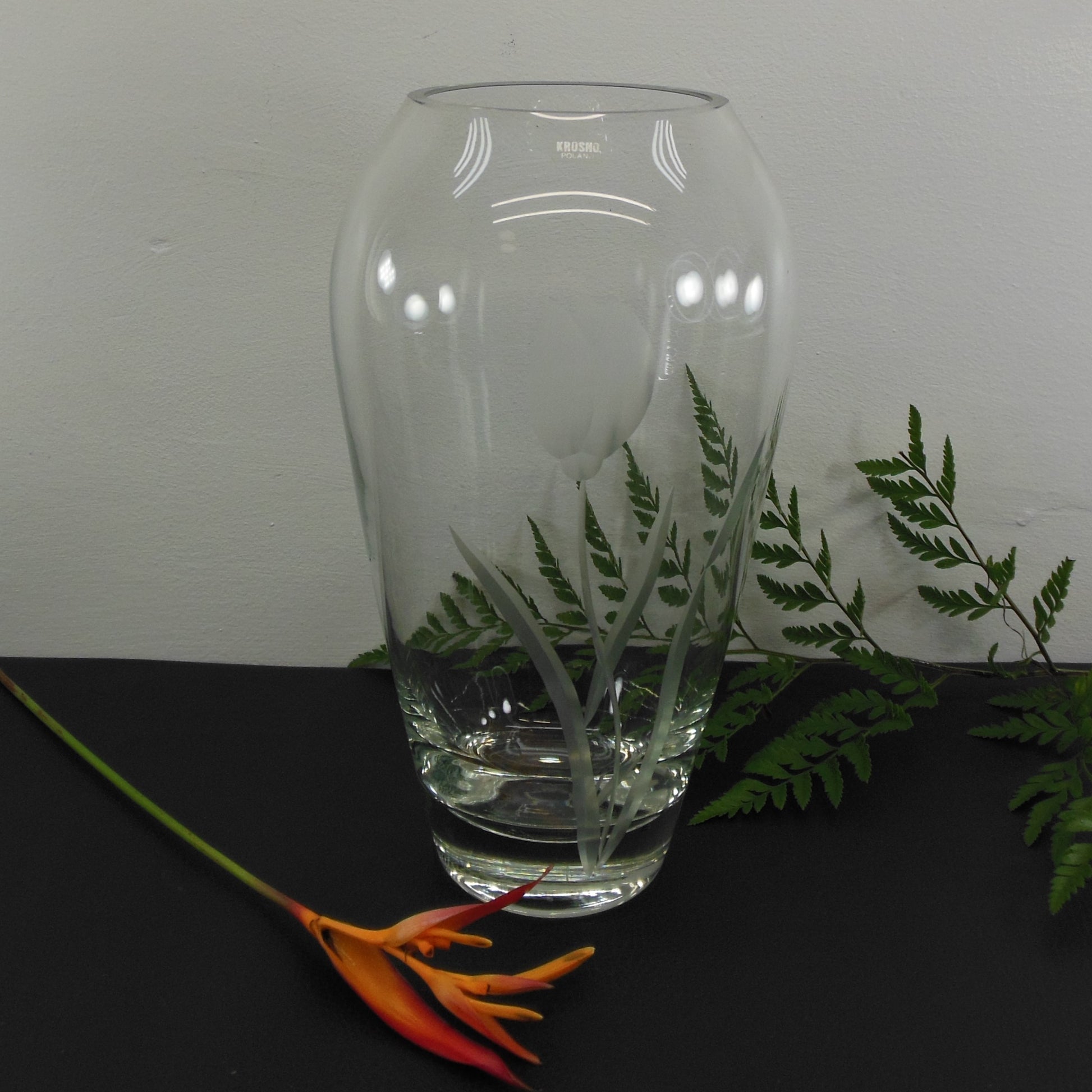 Krosno Poland Cut Etched Glass Vase Tulip Flower 11.75"