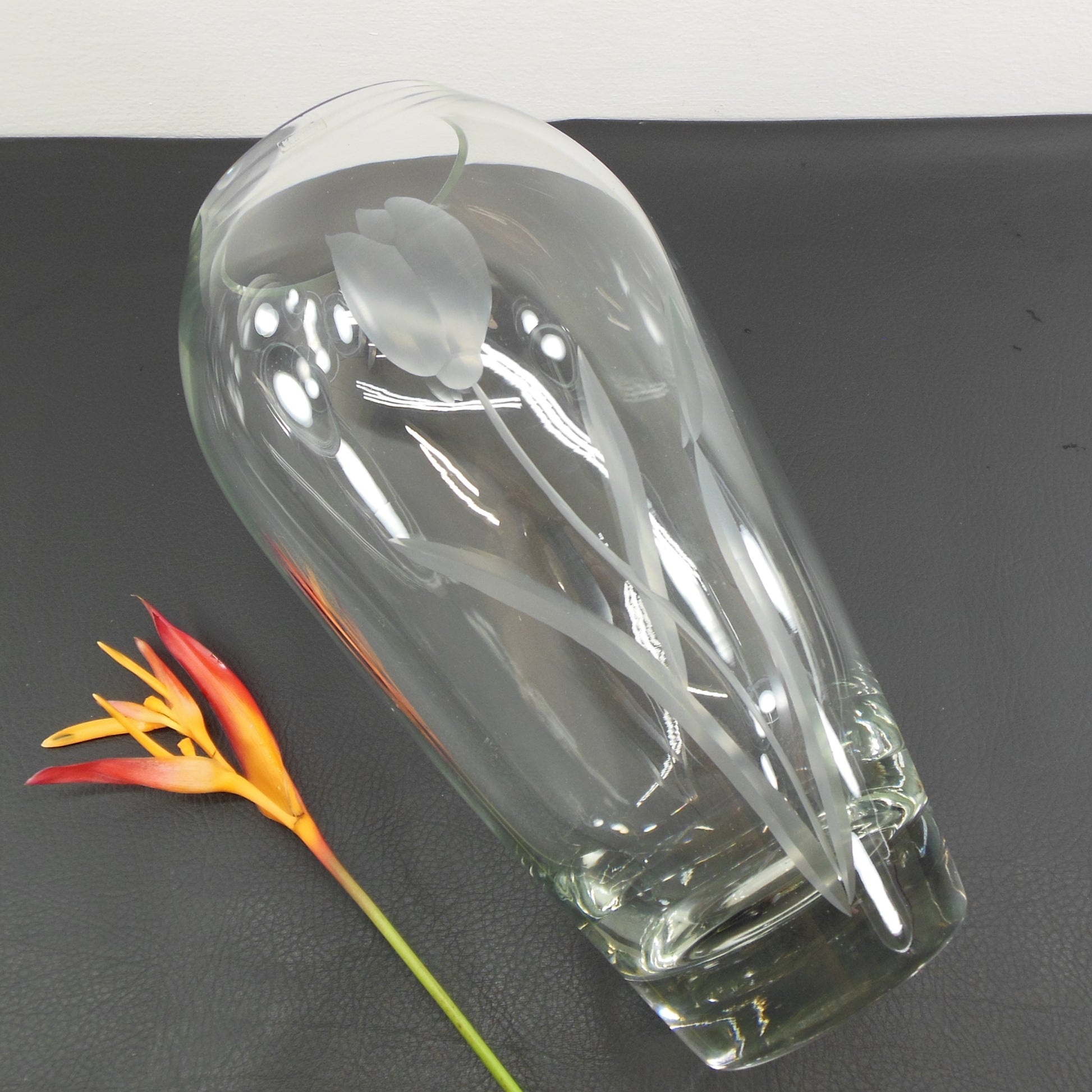 Krosno Poland Cut Etched Glass Vase Tulip Flower 11.75" Vintage